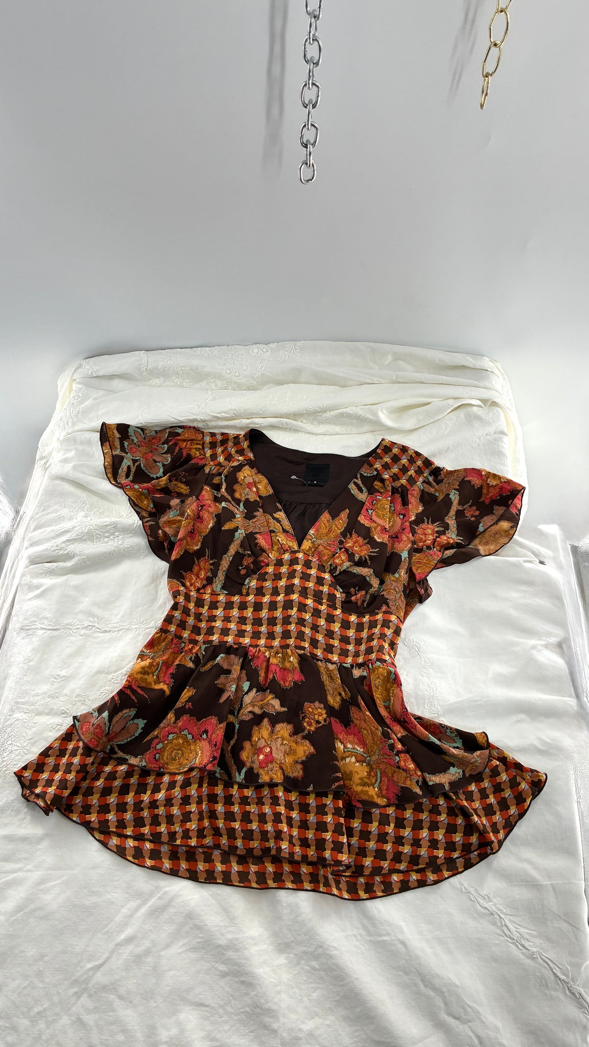 Vintage ANNA SUI 100% Silk Orange and Brown Mixed Pattern Blouse (4)
