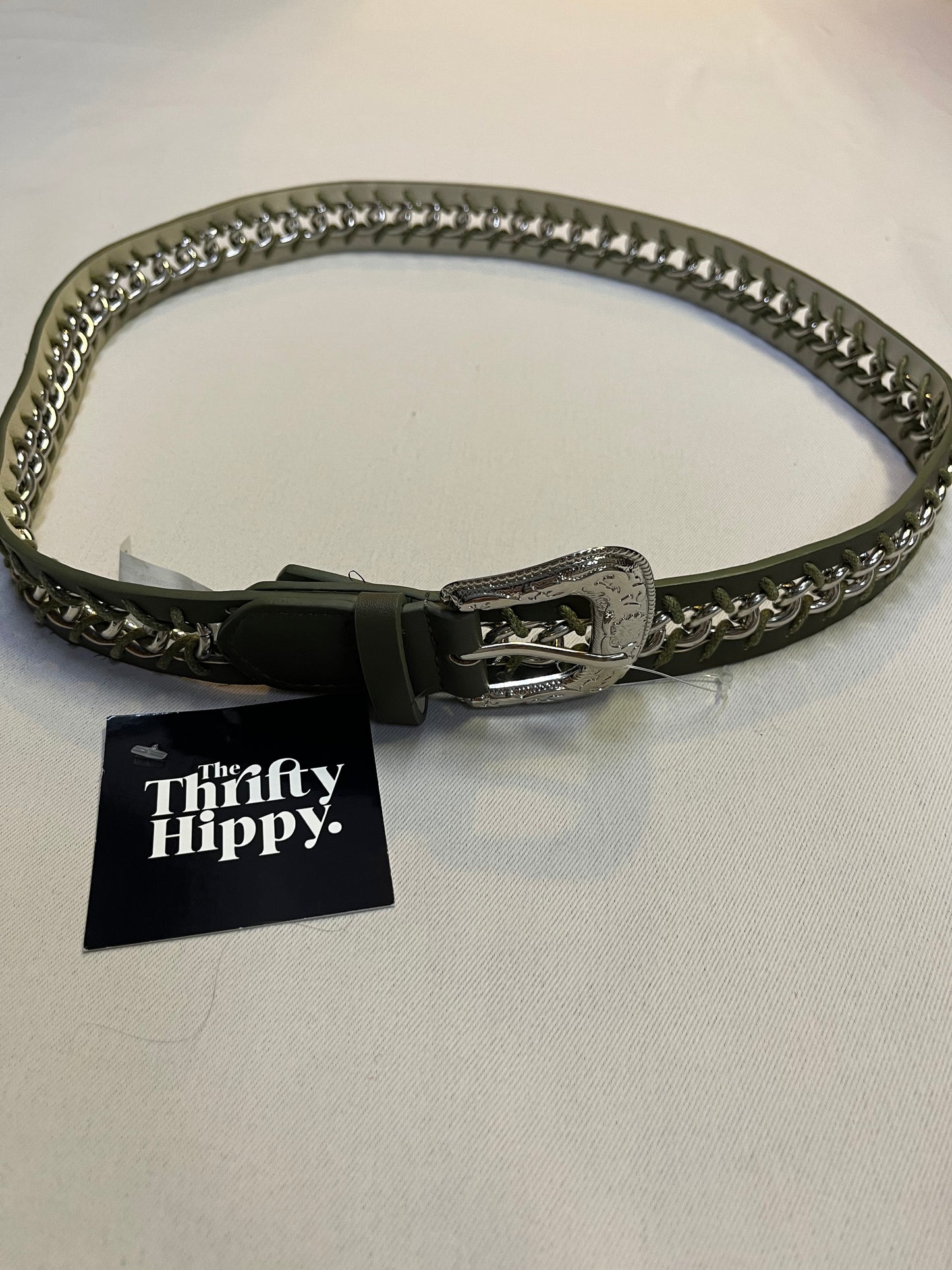 Free People Chain Link Thread Through Olive Green Leather Belt with Western Buckle(S/M)