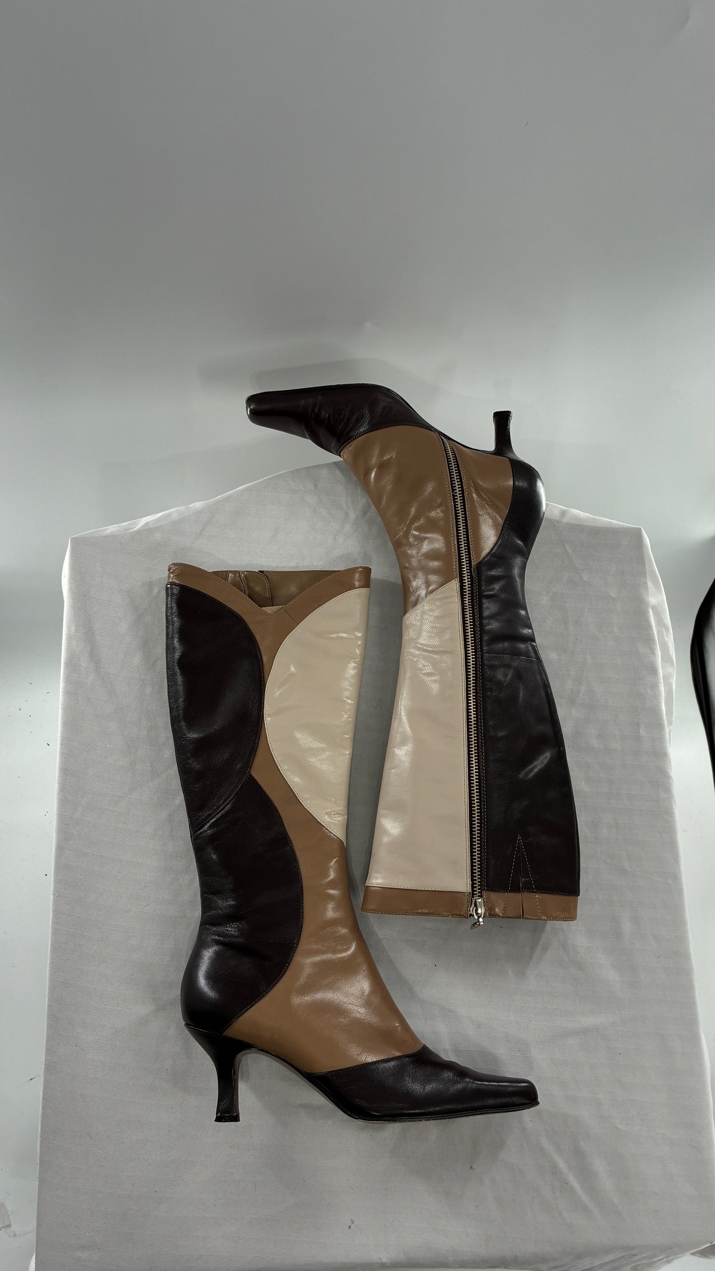 Vintage ANN MARINO Knee High Pointed Toe Abstract Patchwork Boots (6.5)