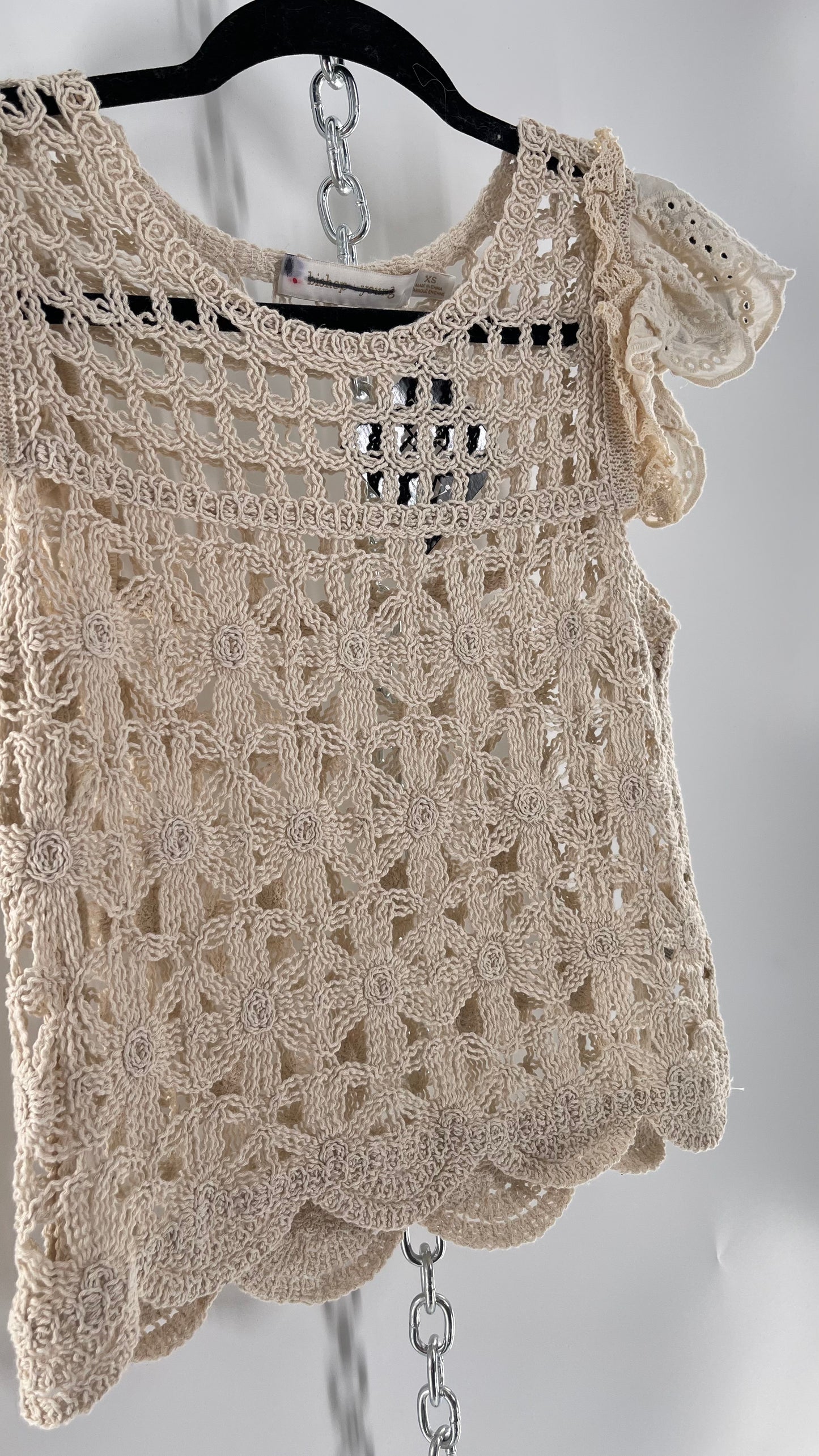 Bishop + Young Anthropologie Crochet Tank with Scalloped Hem and Lace Lined Sleeves (Small)