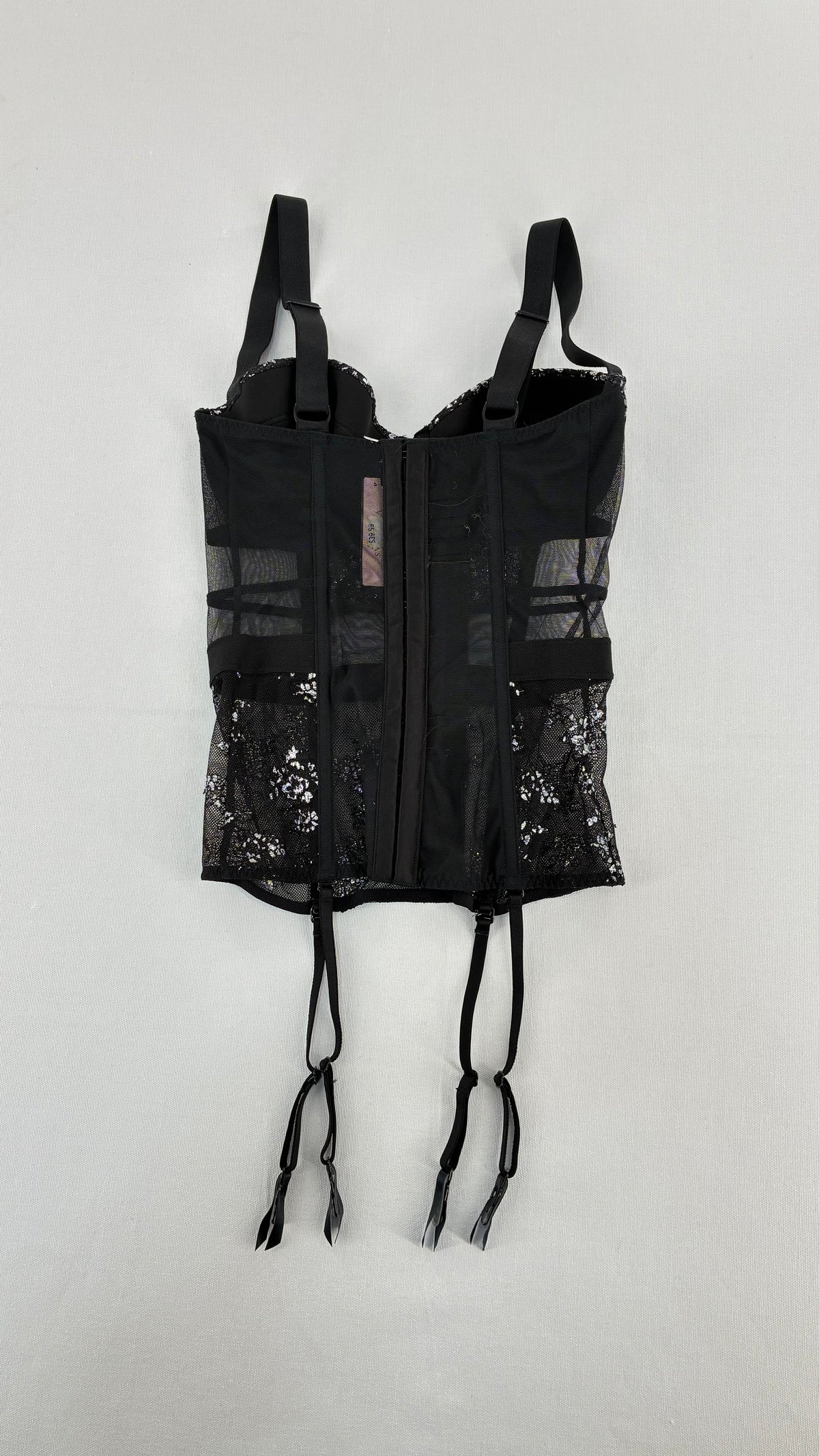 Deadstock Vintage VICTORIA’S SECRET Black and Silver Mesh, Lace Corset with Tags Attached (32C)