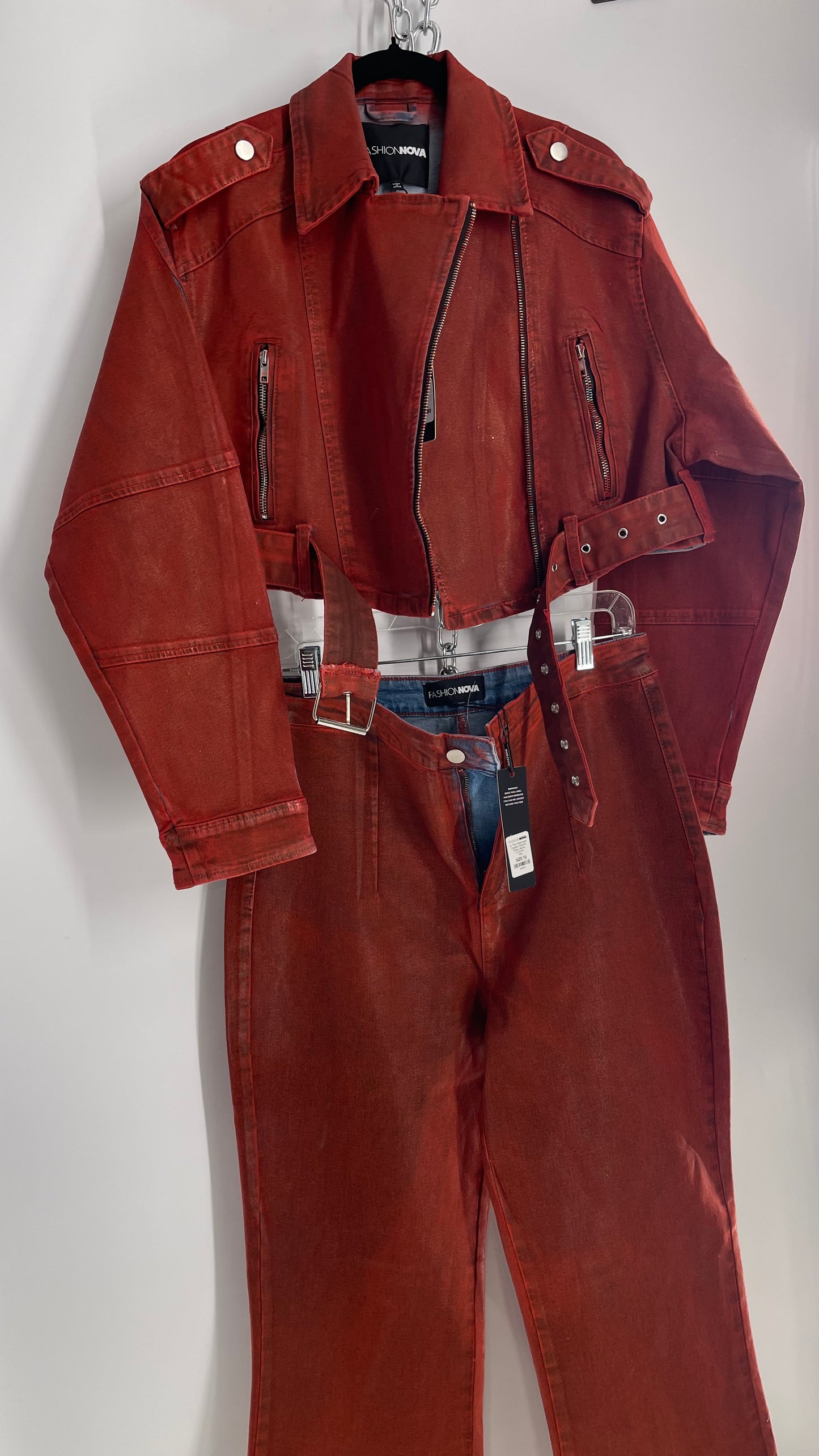 Fashion Nova Red Waxed Denim Cropped Motorcycle Jacket with Flared Jean Set and Tags Attached (XL/15)