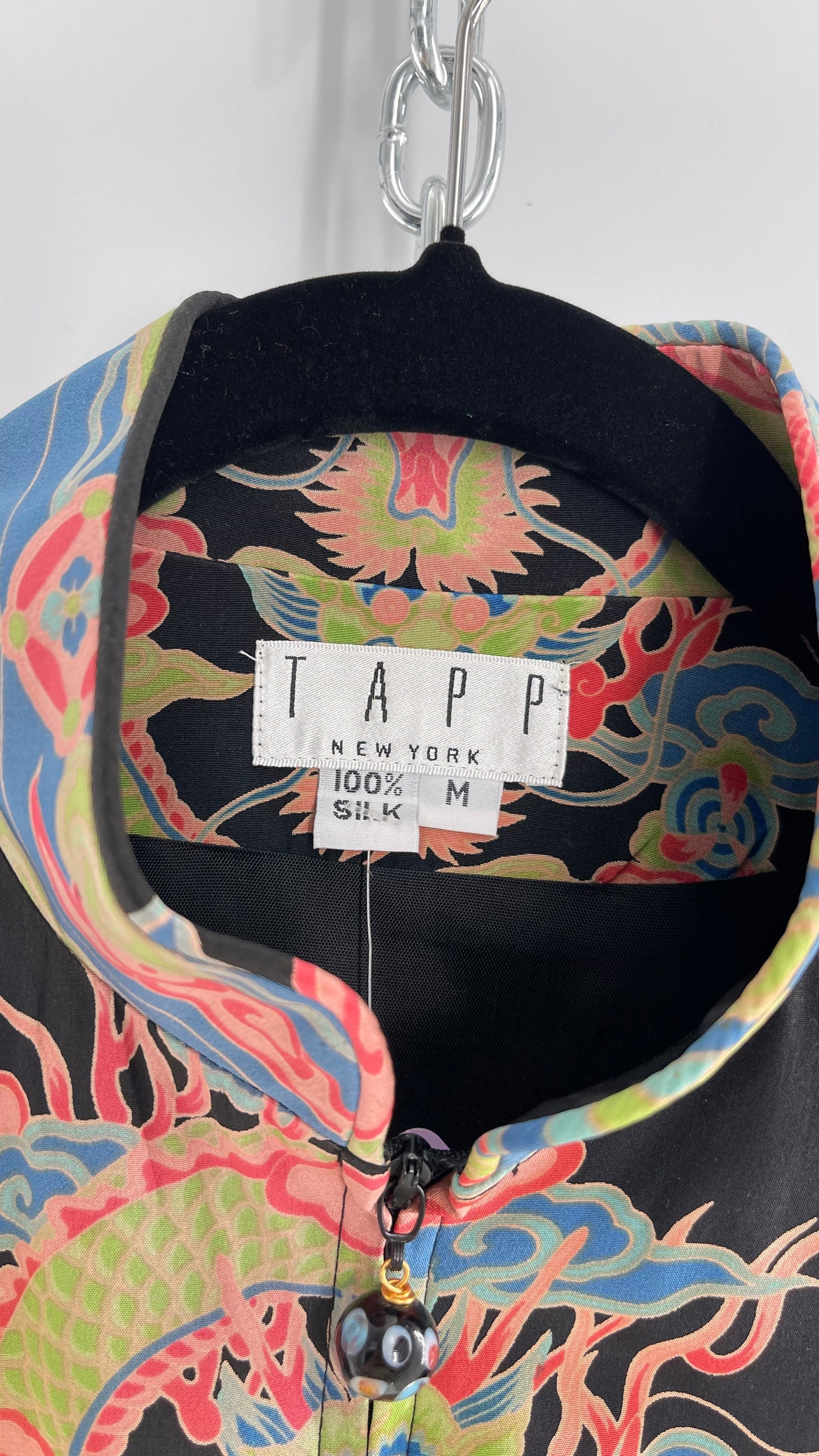 Vintage 1990s TAPP NEW YORK 100% Dragon Graphic Zip Front Crop Sleeveless Vest Top Silk (Medium)