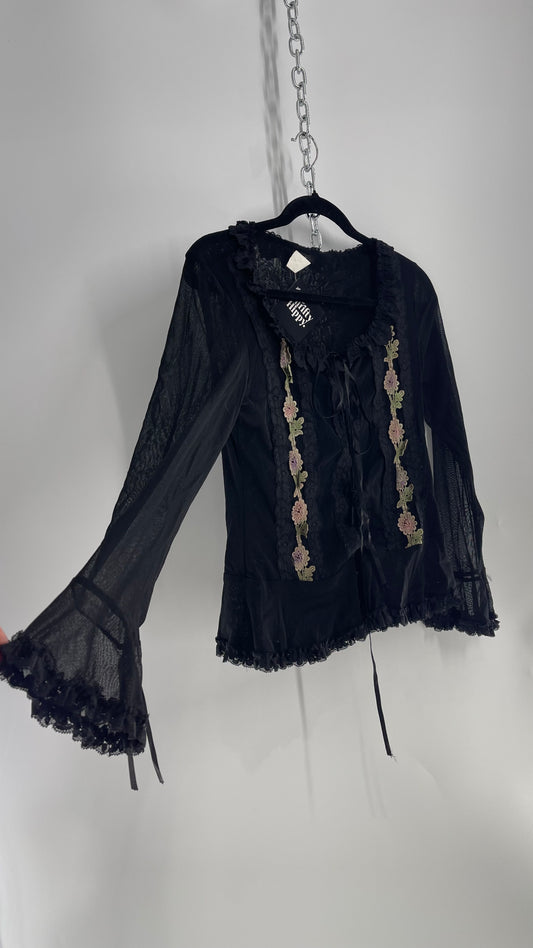 MICHEL Black Lace Up, Ruffle Lined Blouse with Floral Lace (Large)