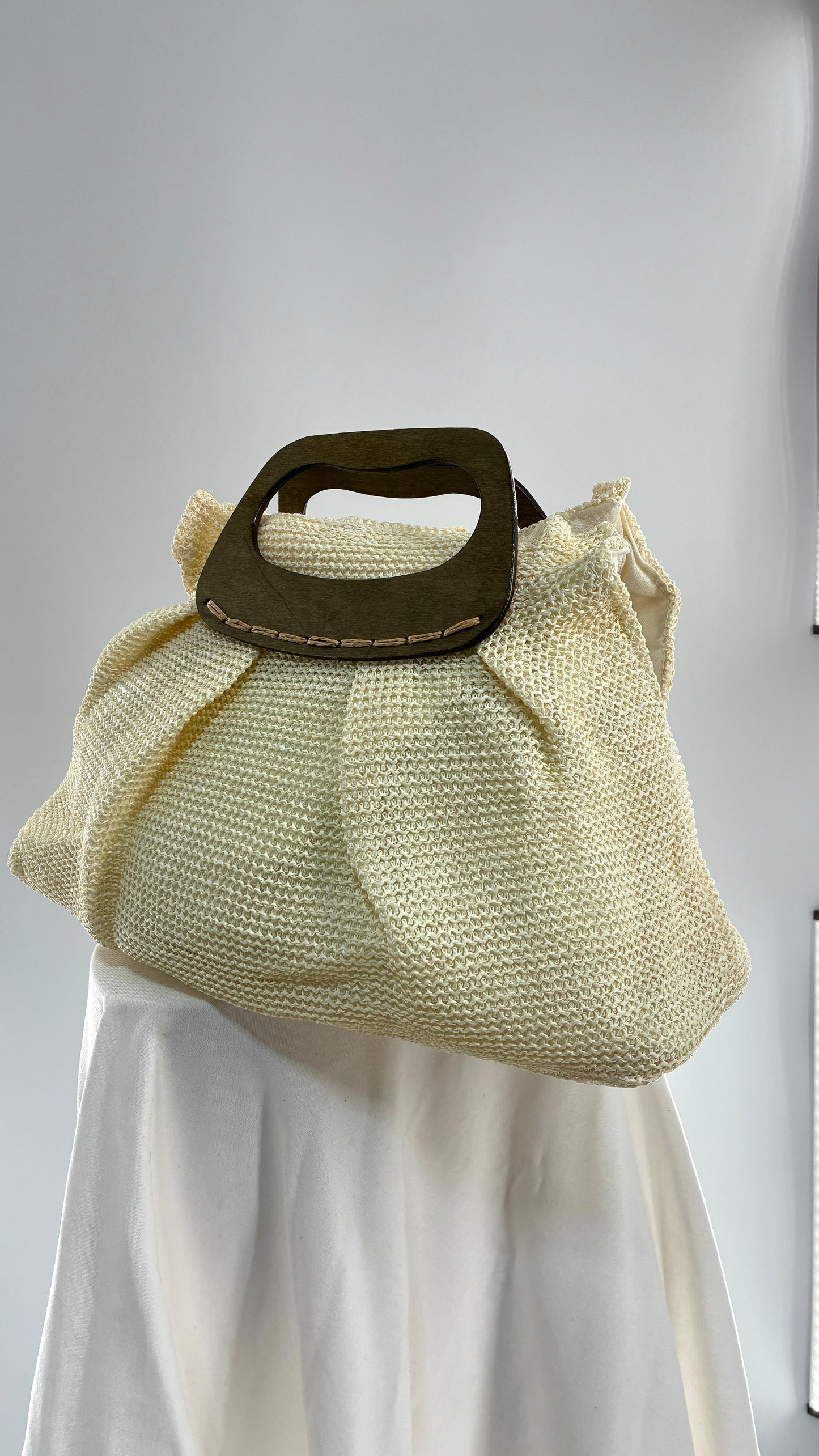 Off White Woven Clutch Bag with Wooden Handle Detail