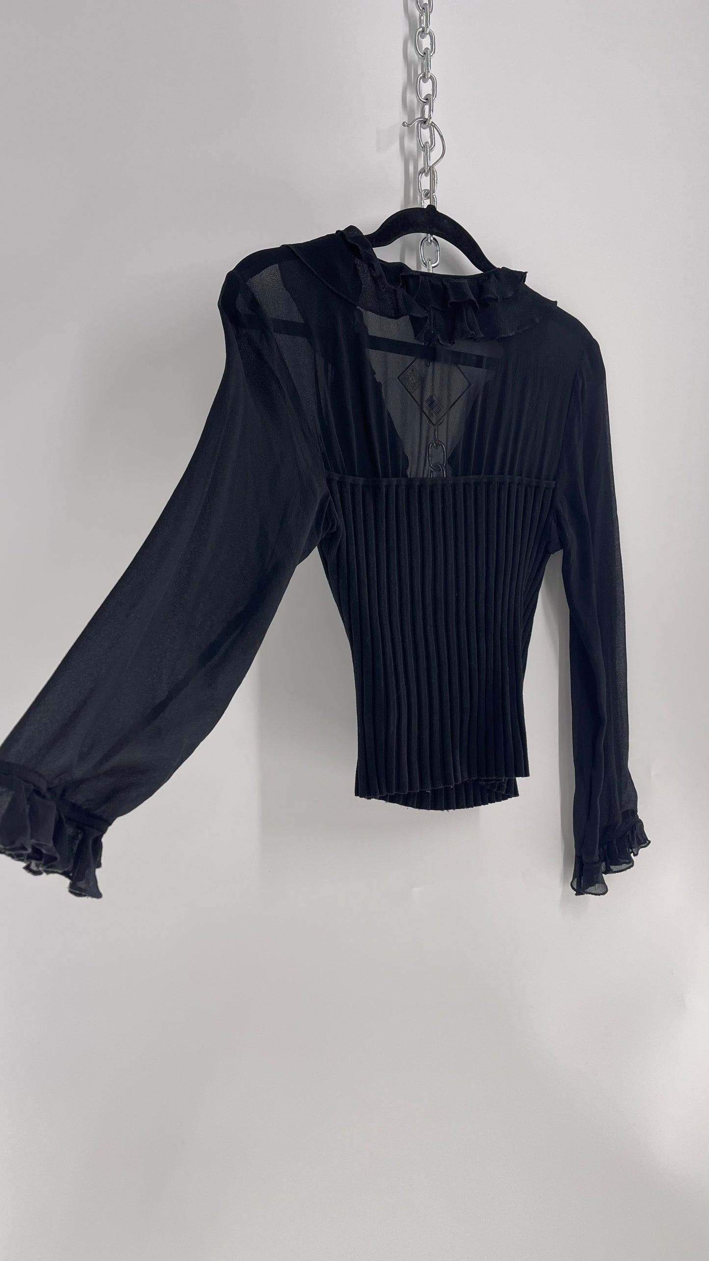 Vintage Tracy M Black Ribbed Blouse with Ruffles and Sheer Sleeves (L)