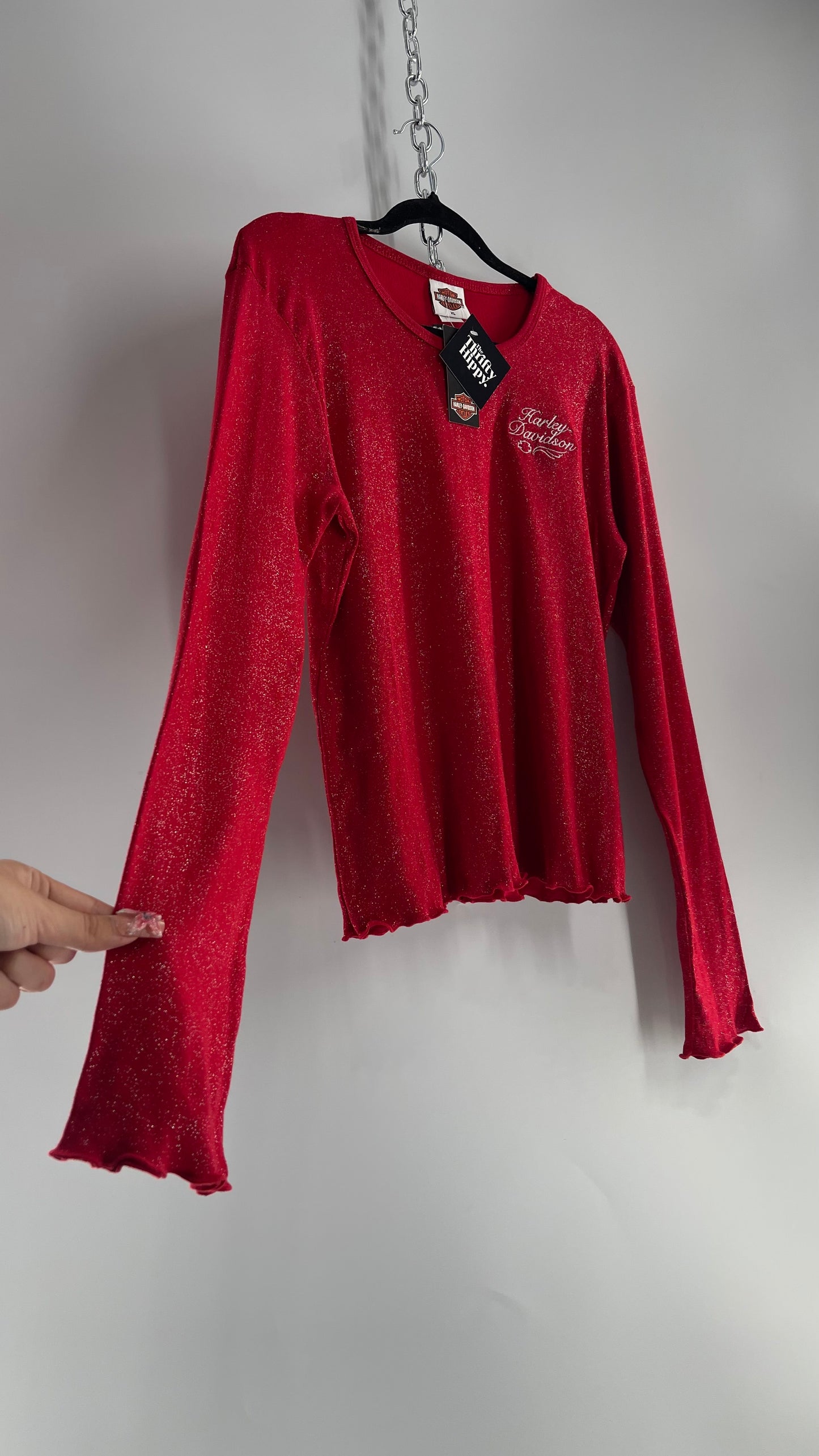 Deadstock Vintage Harley Davidson Red Glittery Embroidered Long Sleeve with Tags Attached (XL)