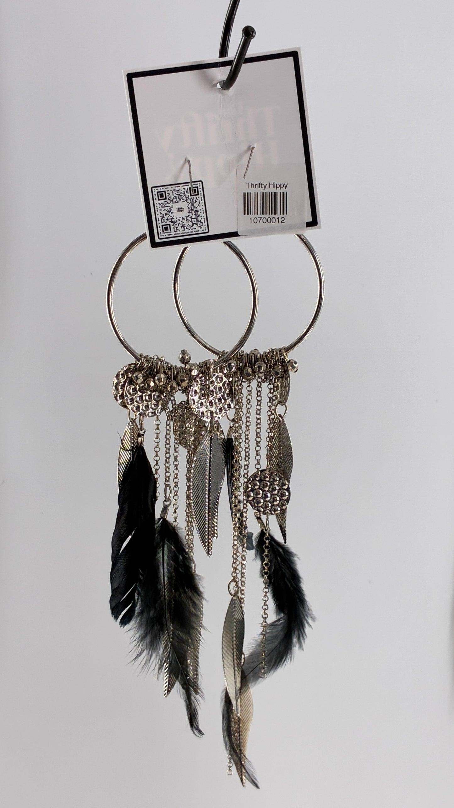 Vintage Hoop Earring with Chains, Feathers and Silver Metal Coins