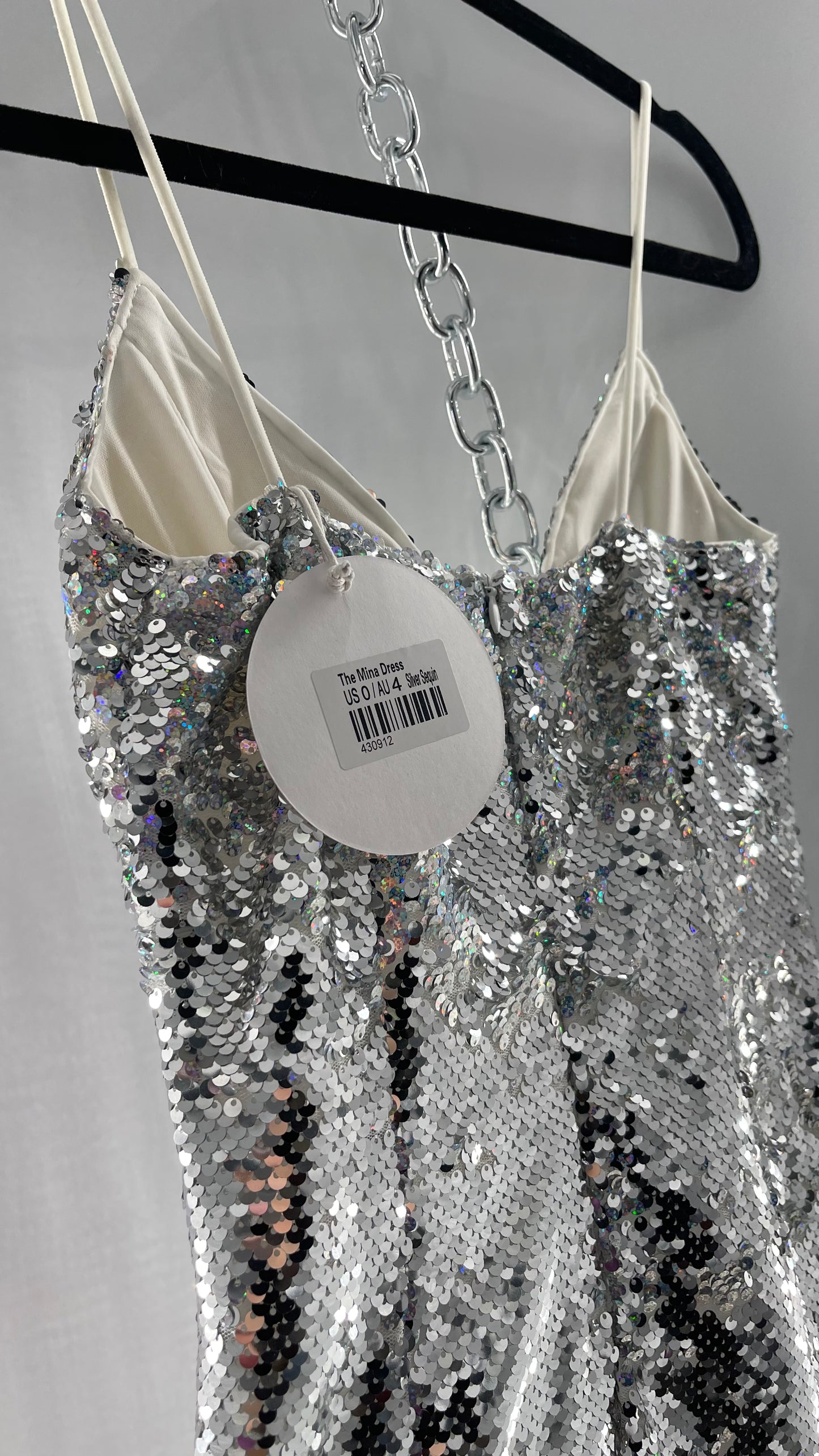 Princess Polly Silver Iridescent Sequin Mini Dress with Triangle Cups and Thigh Slit (0)