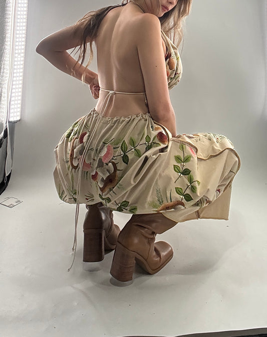 Vintage Custom Handmade and Hand Embroidered Two Piece Set with Mushrooms, Vines, and Ladybugs (XS-L)