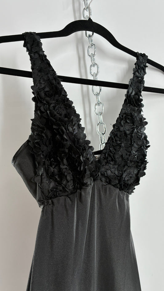 Vintage FLORA Black Slip Gown with Textured Floral Bust (Small)