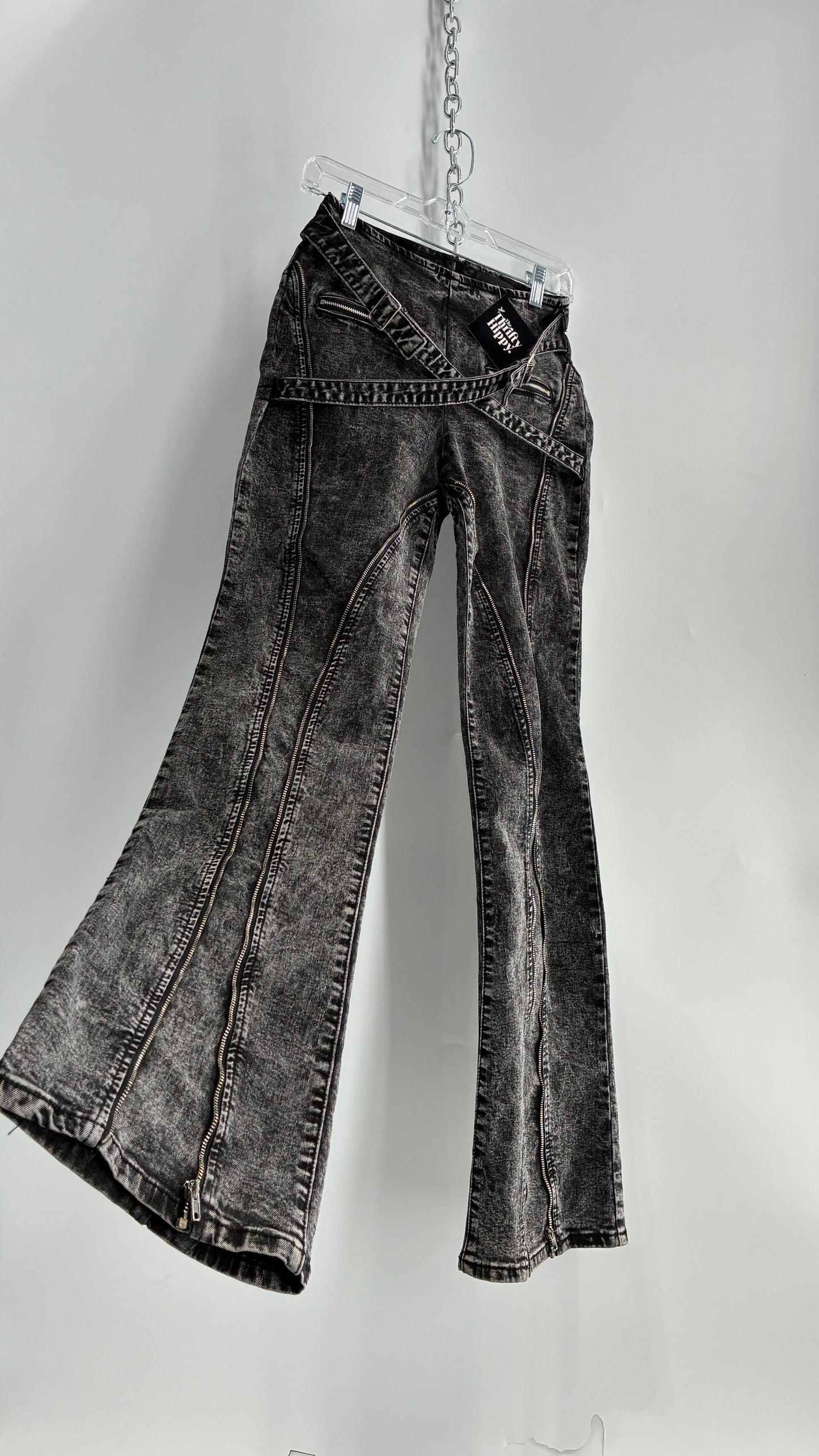 Fashion Nova Grey Acid Washed Kickflare Jeans with Hip Buckle Belts and Functional Zip Up Leg Detail (3)