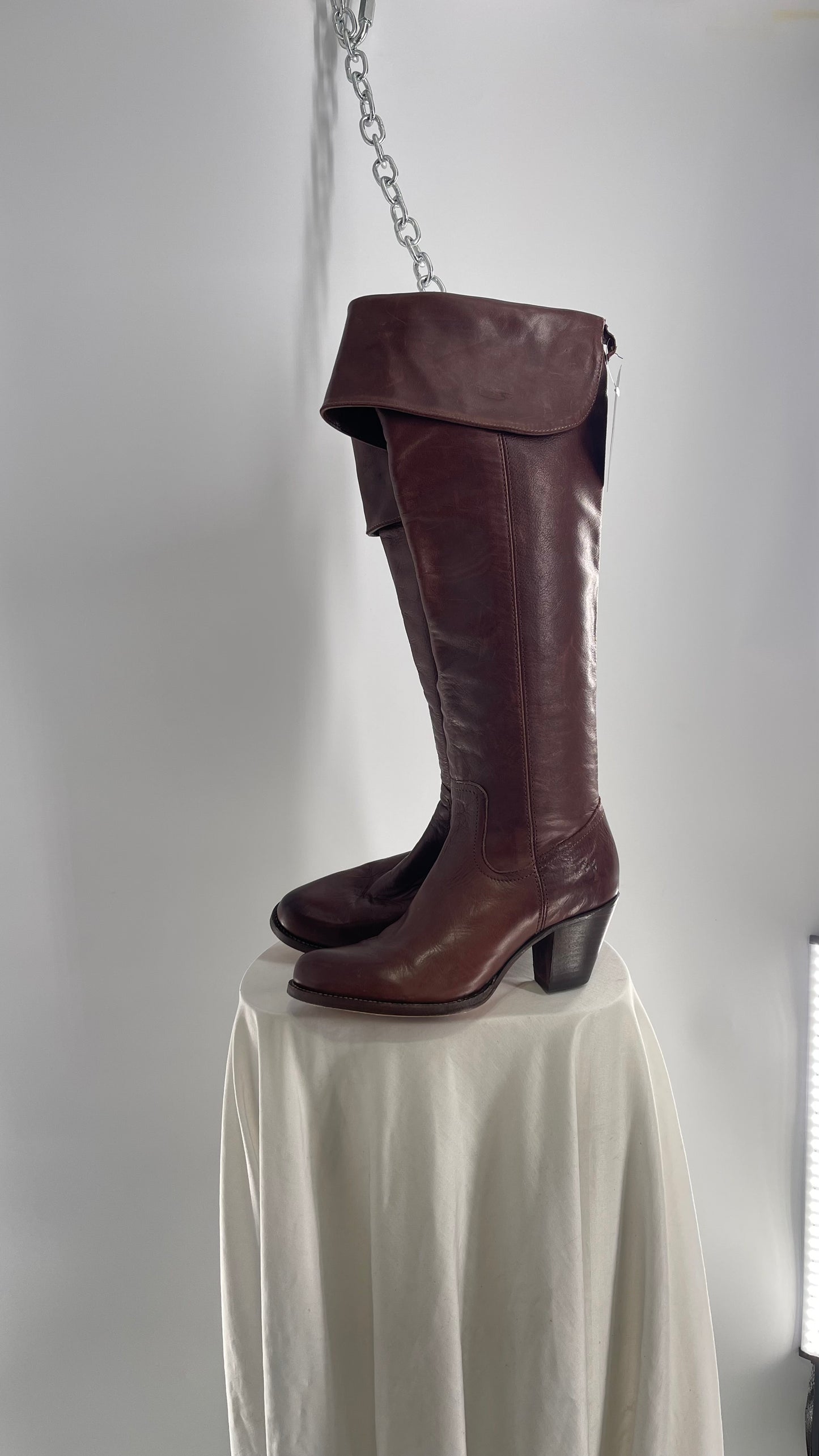 Vintage FRYE Brown Leather Fold Over Thigh High Round Toe Boots (8)