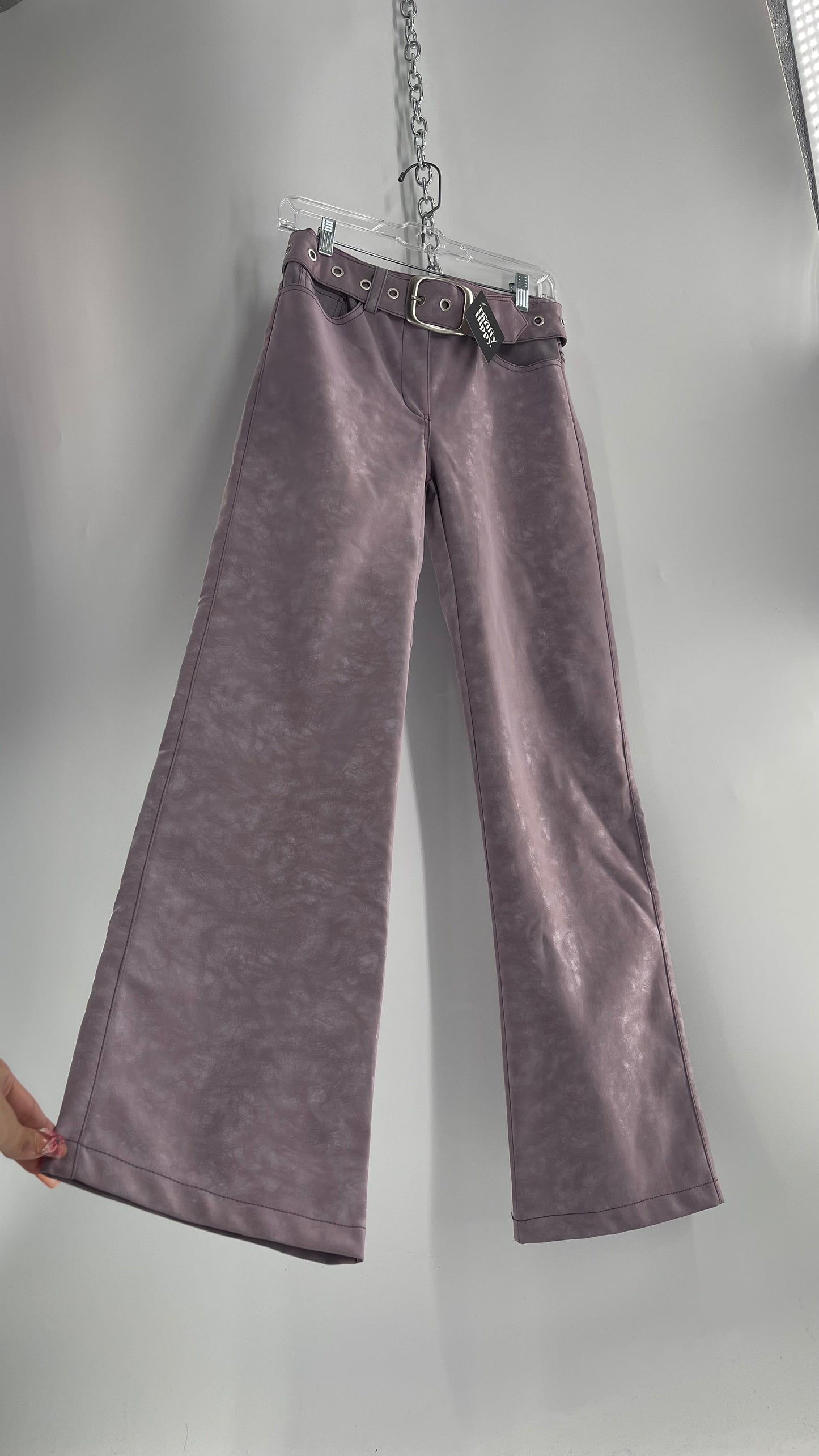 I.AM.GIA Faux Leather Lilac Textured Kickflares with Grommet Belt (XS)