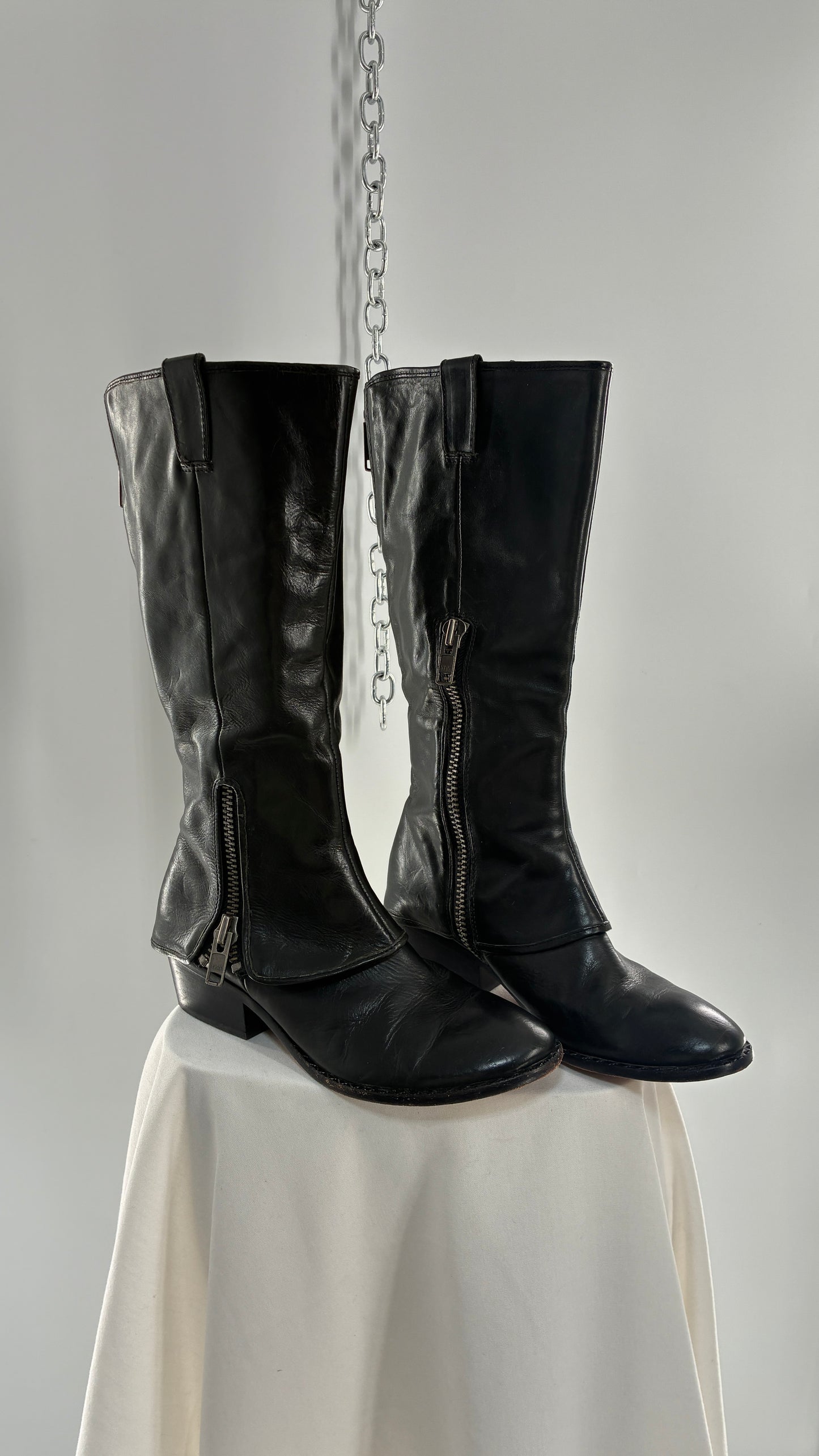 Vintage KORK EASE Black Genuine Leather Fold Over Boots with Heavy Metal Detailing (9/40.5)