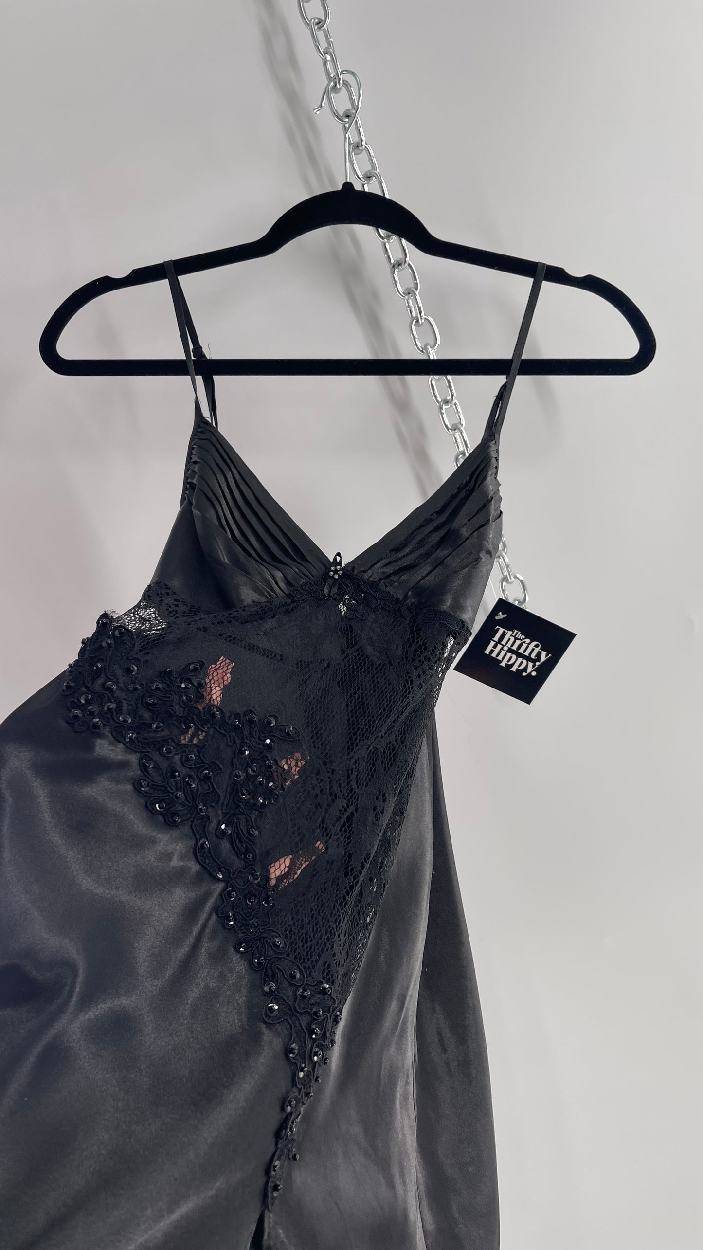 La Vie en Rose Black Silky Slip Mini Dress with Lace Cut Out, Pleated Bust and Beaded Lace Appliqué (XS)