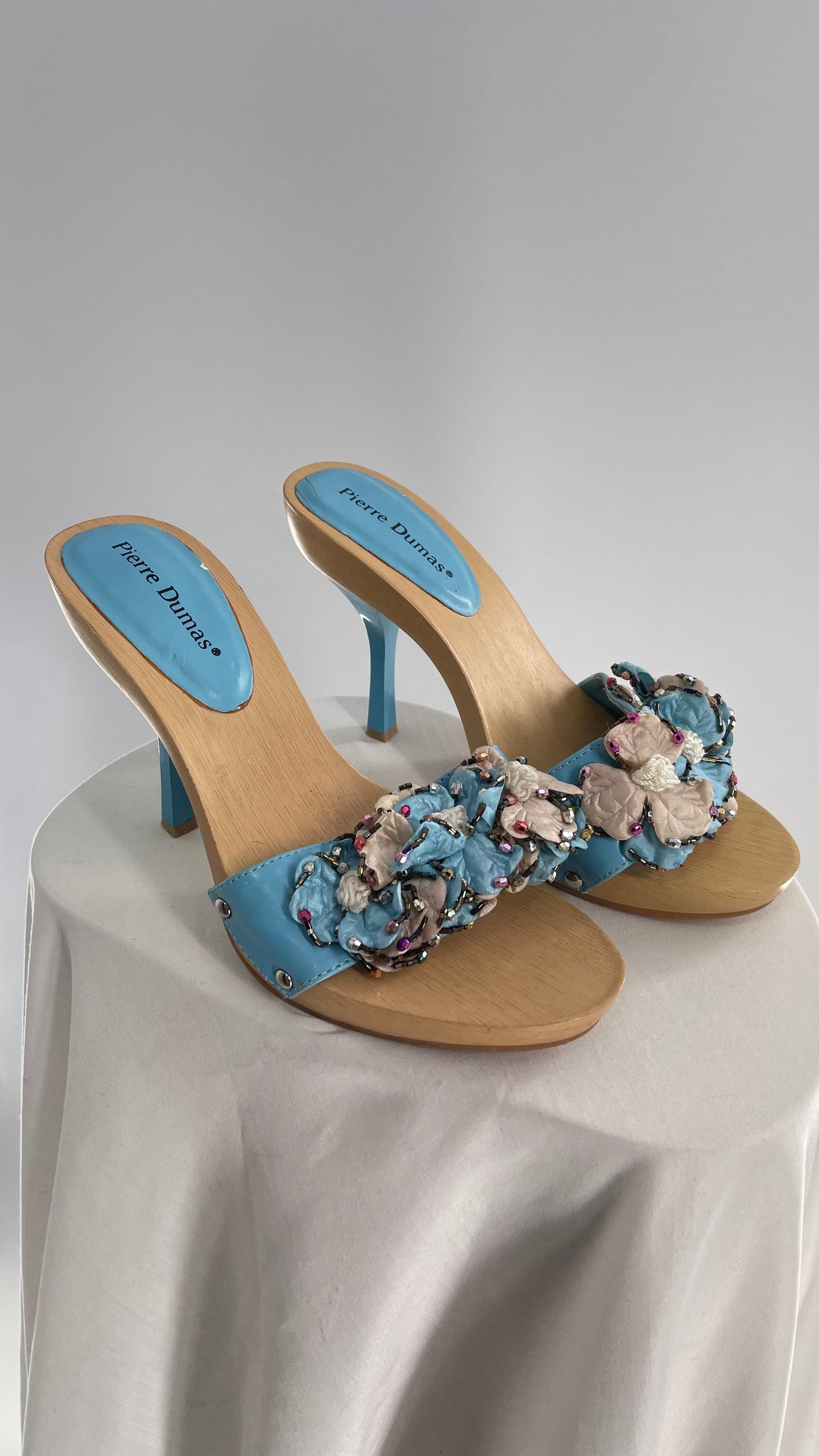 Pierre Dumas Baby Blue Wooden Heel with Beaded Floral Appliqués (9)