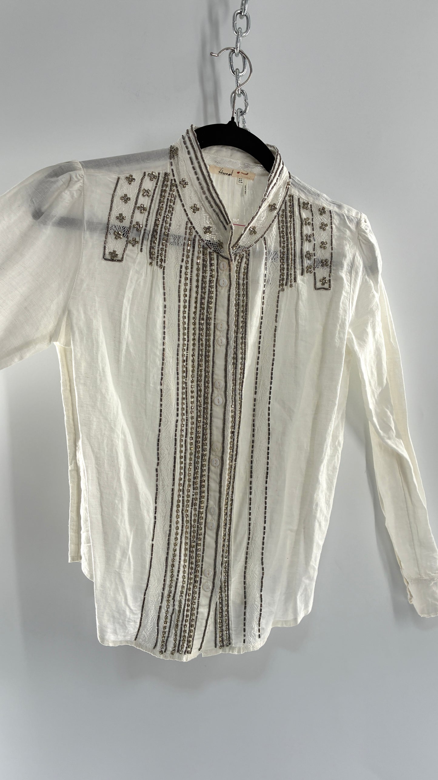 Anthropologie FLOREAT Linen Cotton White Button Up with Lace and Rhinestone Details (4P)
