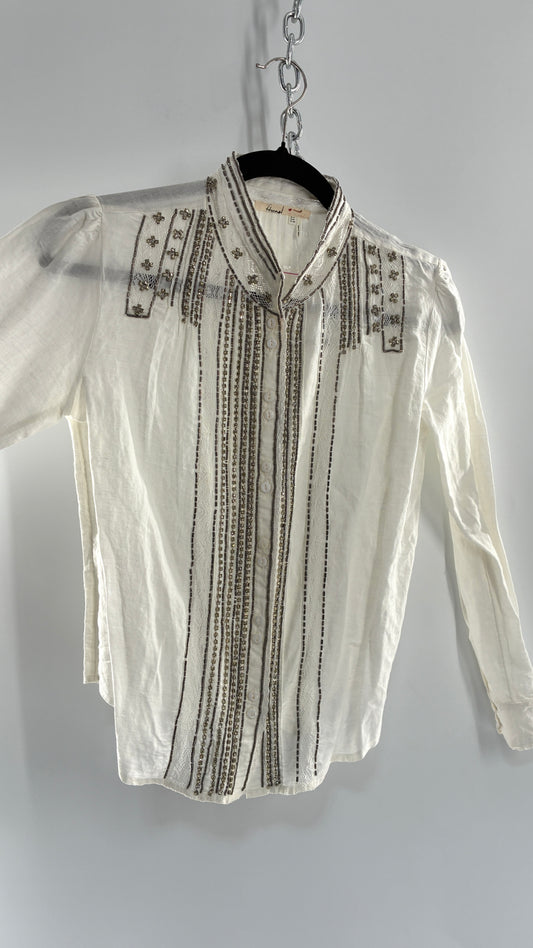Anthropologie FLOREAT Linen Cotton White Button Up with Lace and Rhinestone Details (4P)
