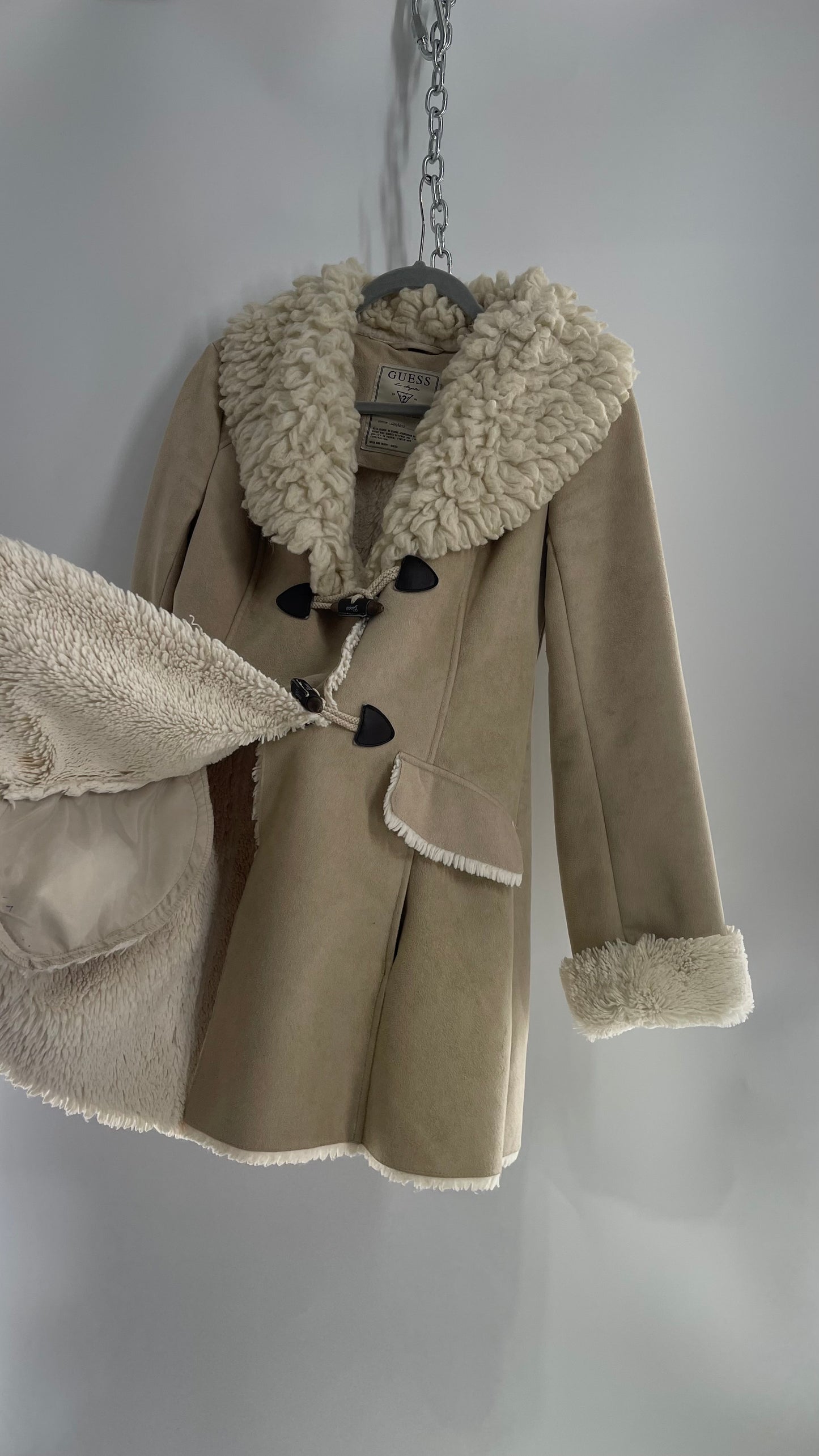 1990s GUESS Tan Vegan Suede Sherpa Lined Coat with Exaggerated Fur Collar (Small)