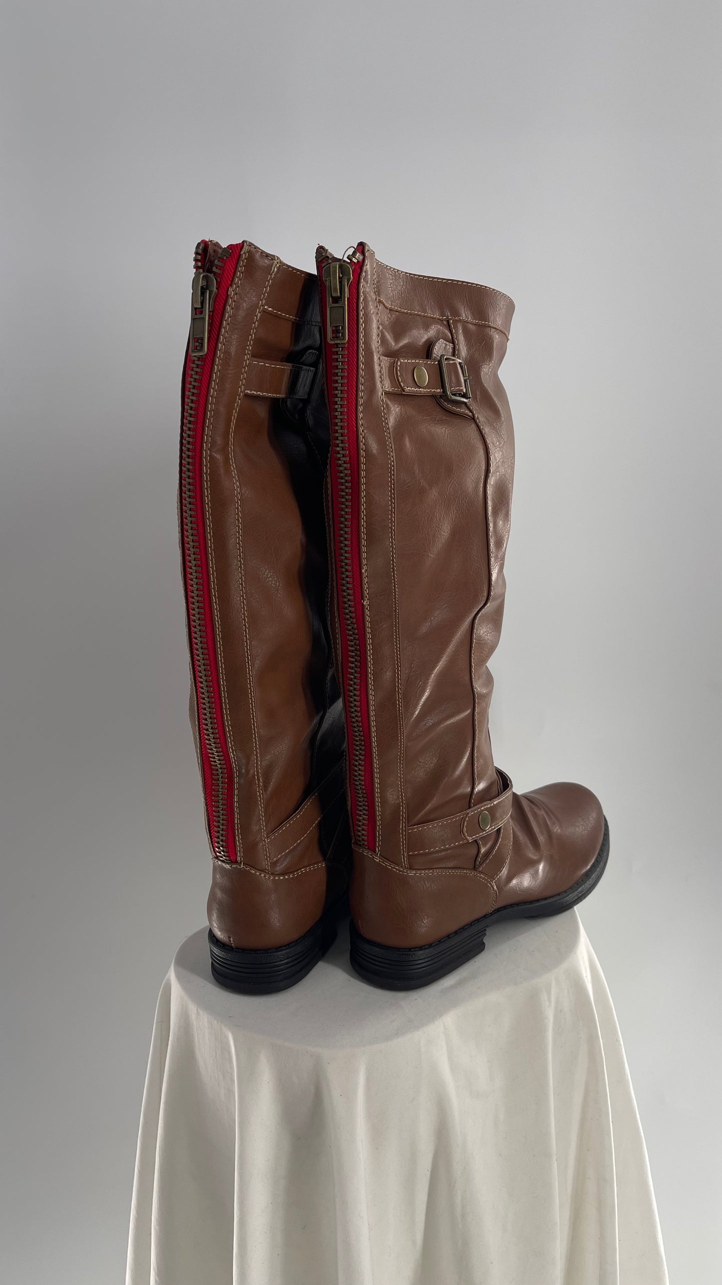 Steve Madden Brown Knee High Riding Boots with Red Zipper (10)