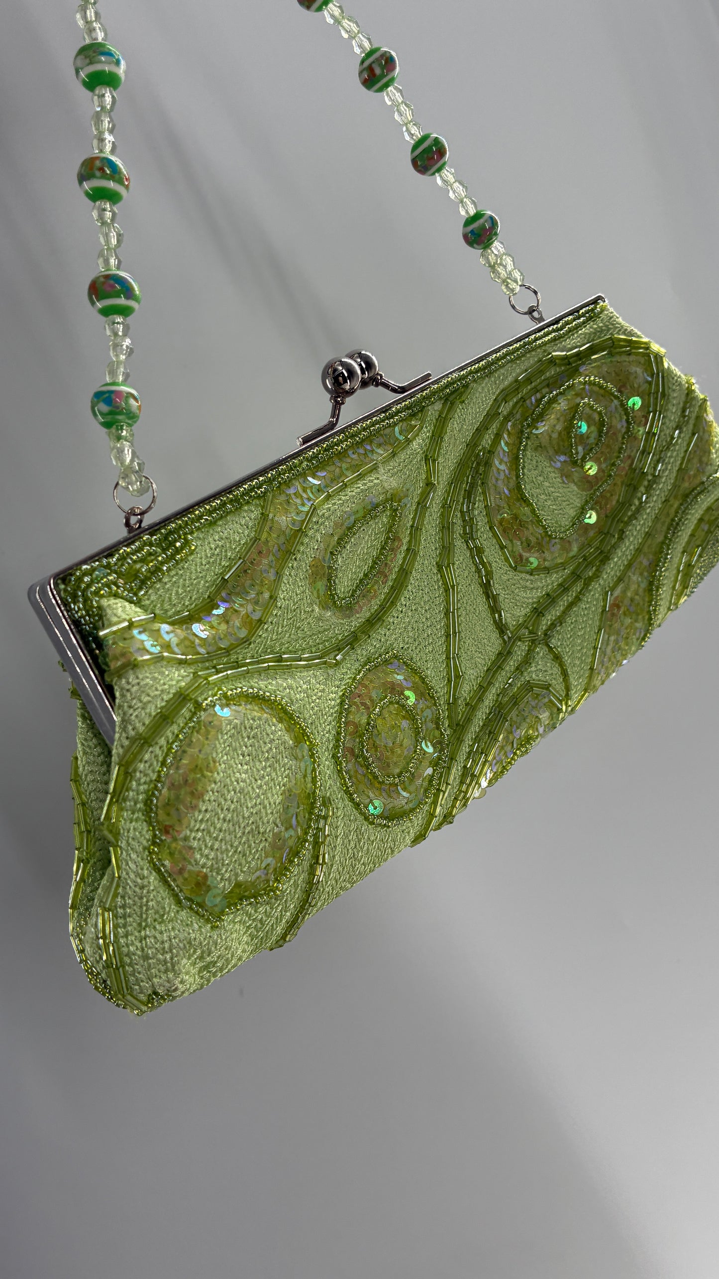 Vintage 1990s Light Green Knit Shoulder Purse with Sequins and Beaded Details