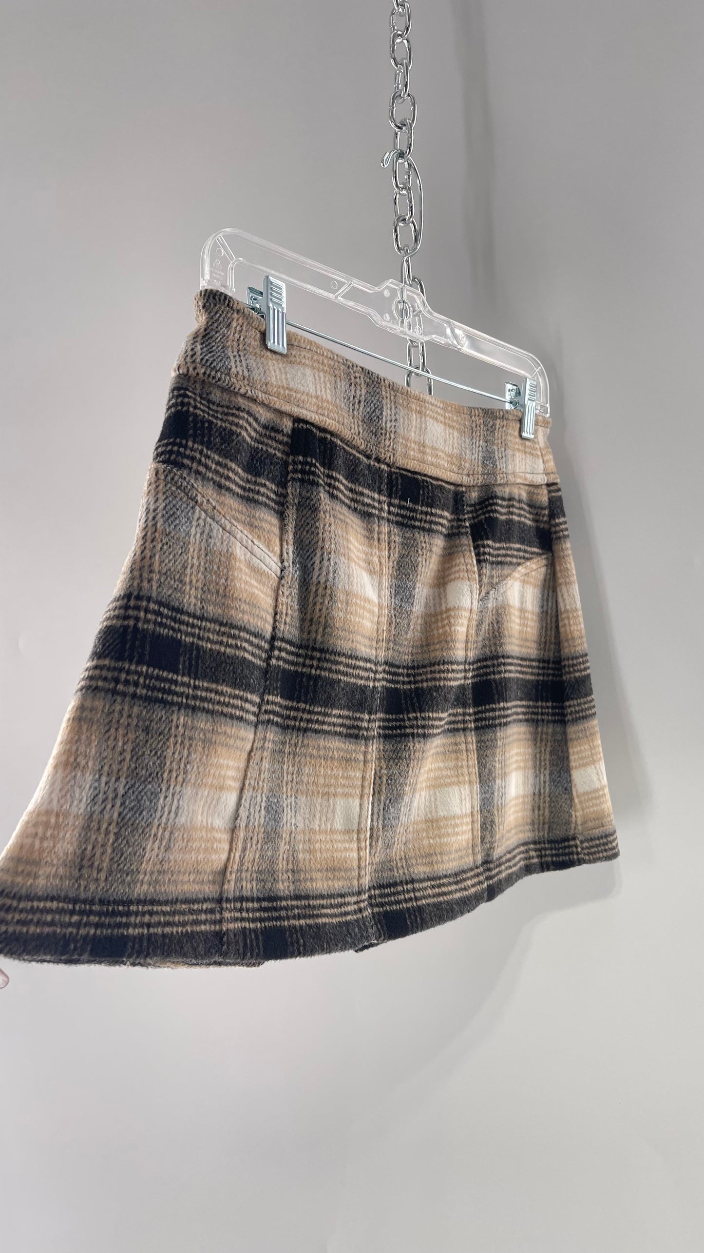 Free People Plaid Beige Gray Soft Mini Skirt with Side Slit and Built in Grommet Belt