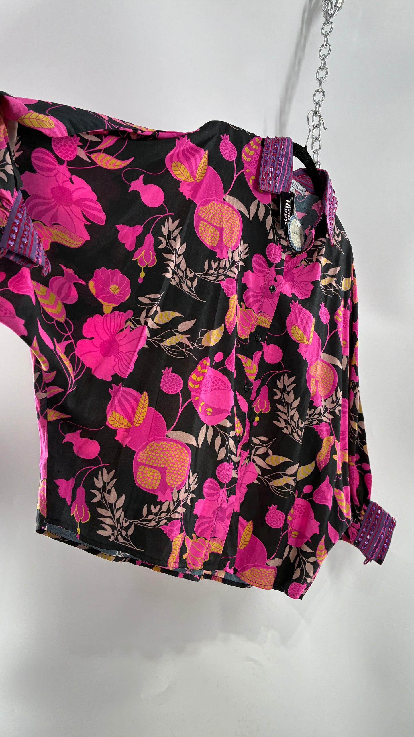 JUST BELLINA Black Oversized Blouse with Exaggerated Sleeves, Embroidered Collar and Tags Attached (XS)