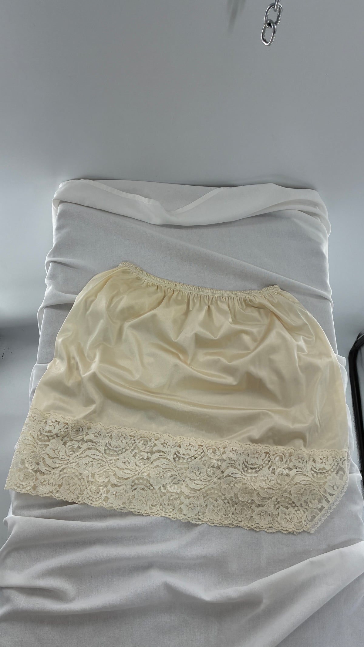 Vintage Vanity Fair Ivory Mini Slip Skirt with Slit and Wide Lace Trim (Medium)