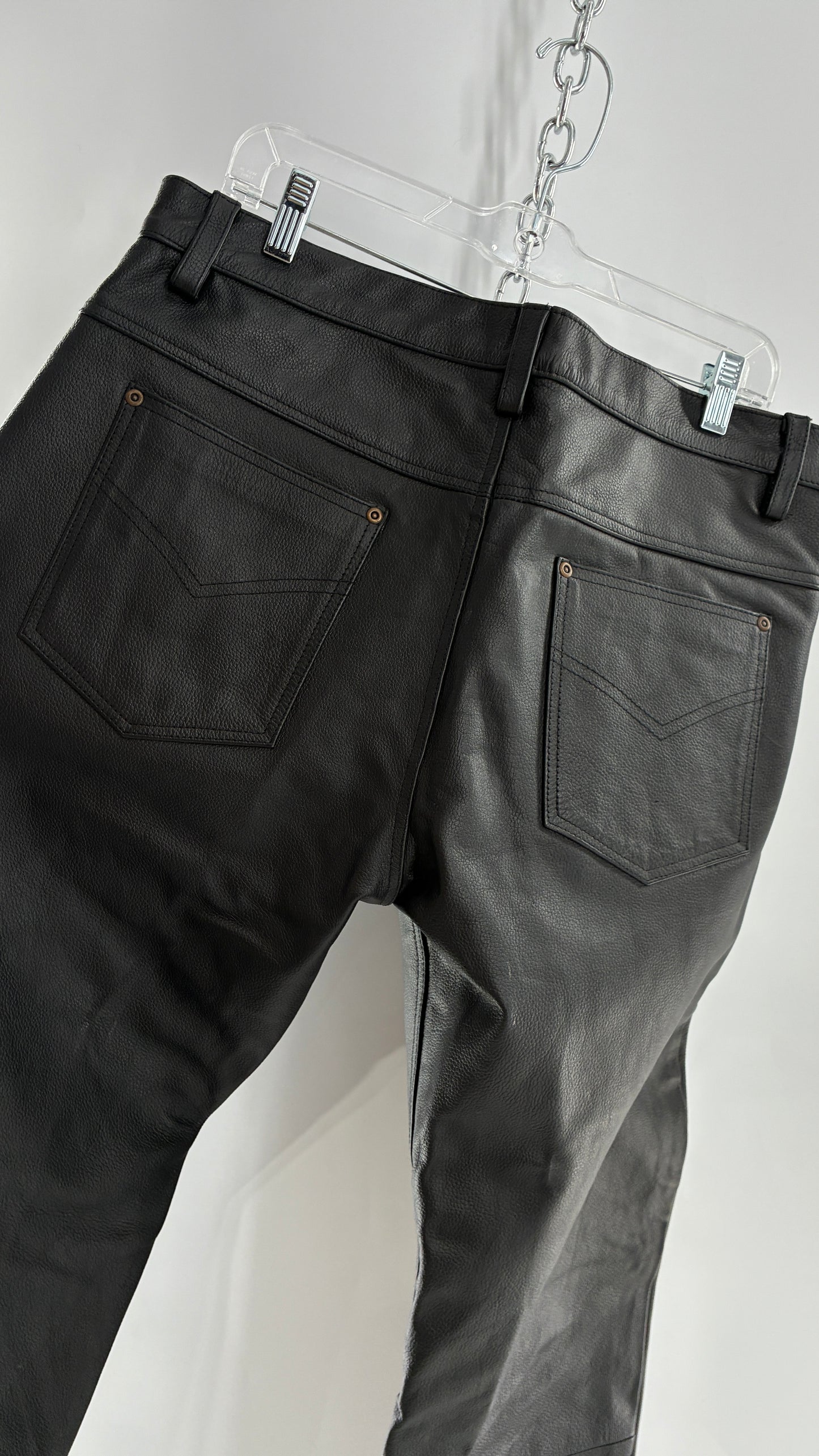 Vintage Button Front, French, Black, Thick Genuine Leather Pants (36)