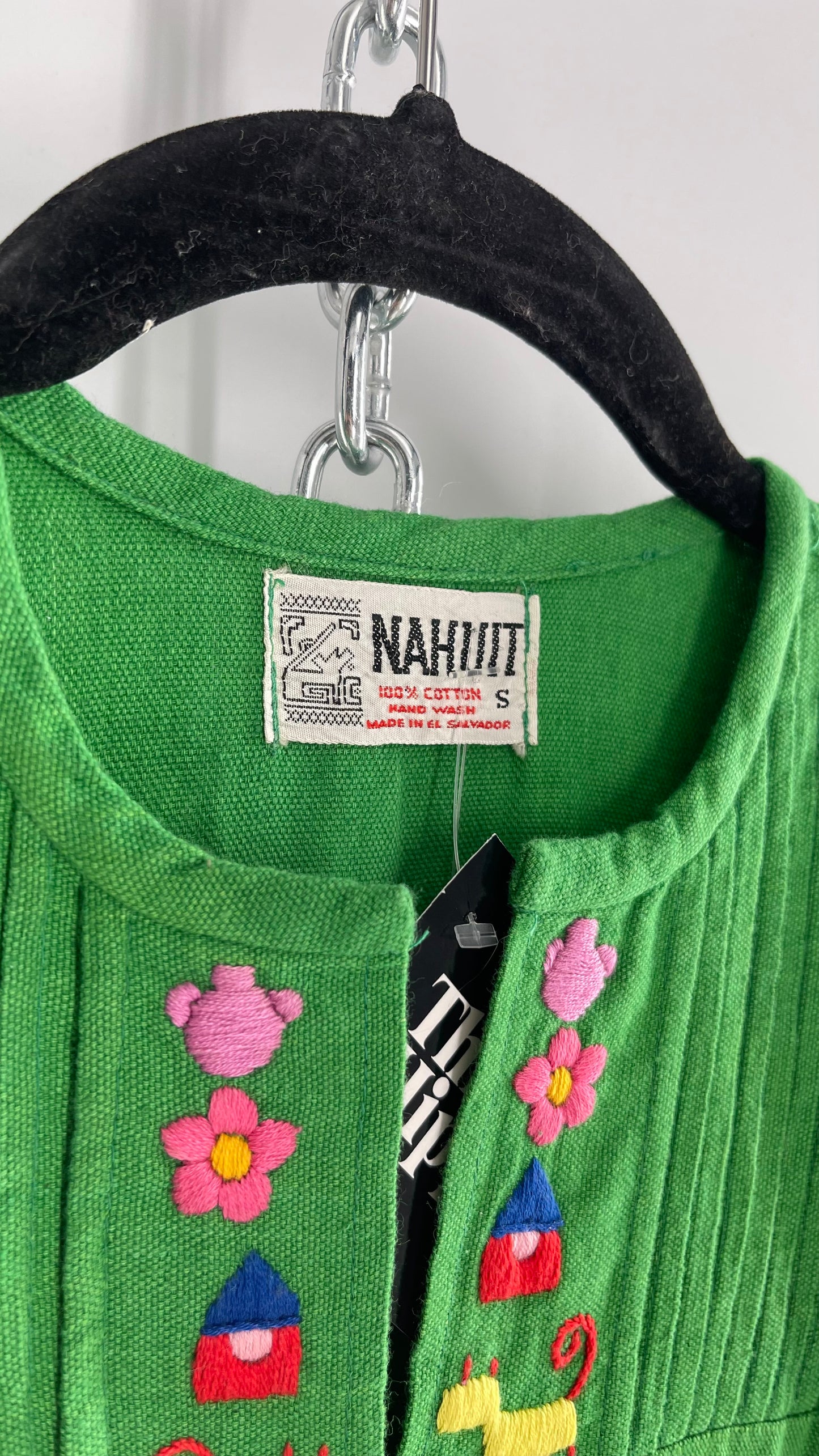 Vintage 1970s NAHUIT 100% Cotton, Kelly Green, Embroidered Tunic Dress Imported from El Salvador (Small)