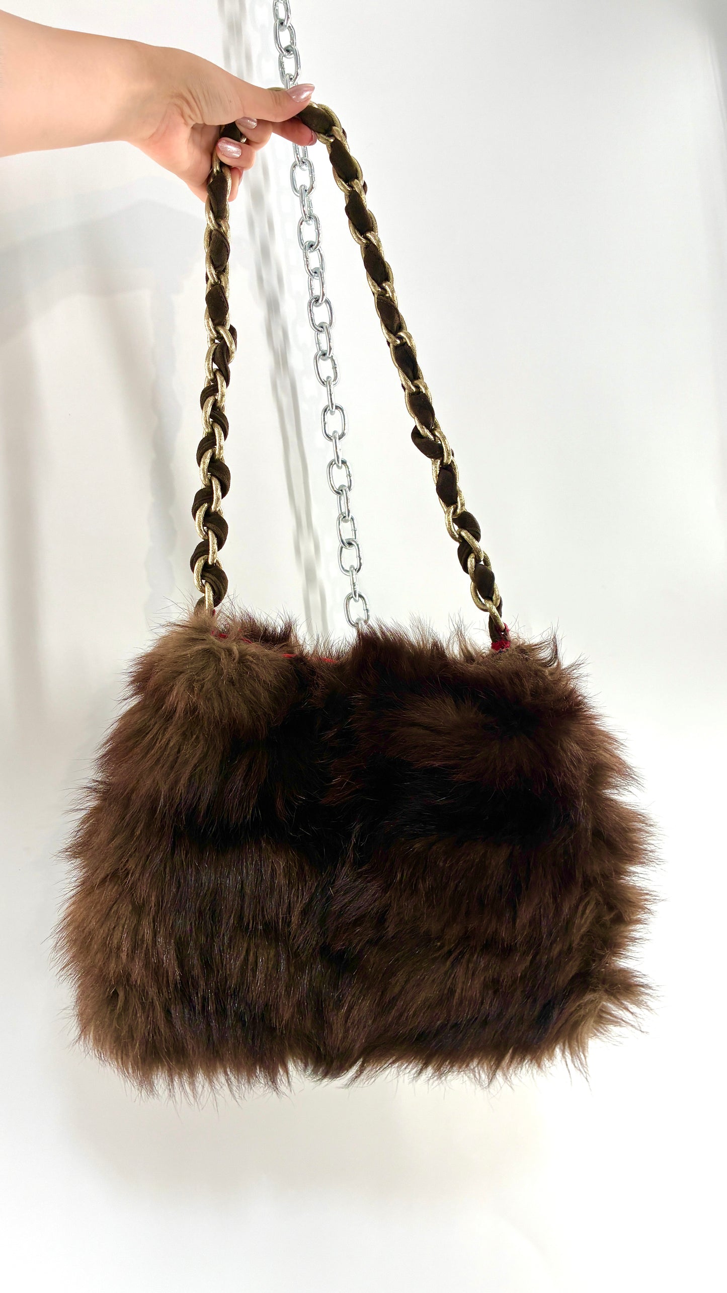 Vintage Handmade Genuine Fur Bag with Heavy Interlaced Gold Chain Strap
