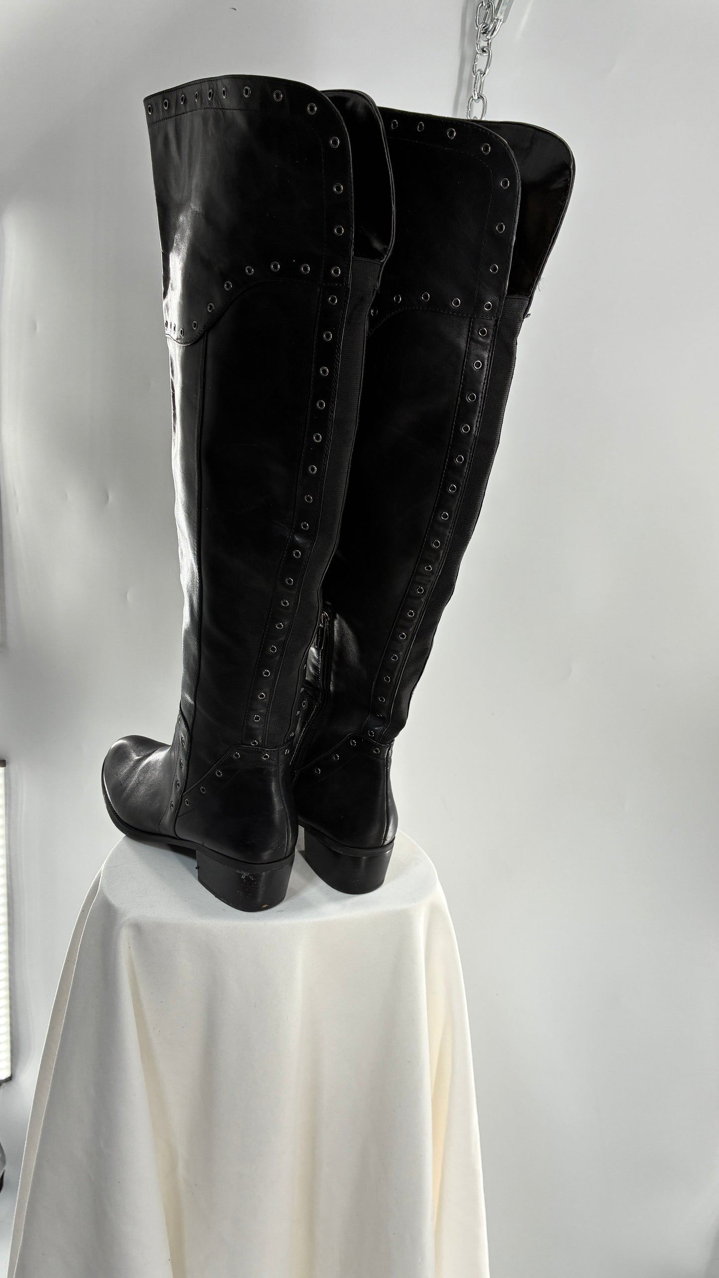 VINCE CAMUTO Genuine Leather Black Over the Knee, Thigh High Boots with Studding Details (11/41)