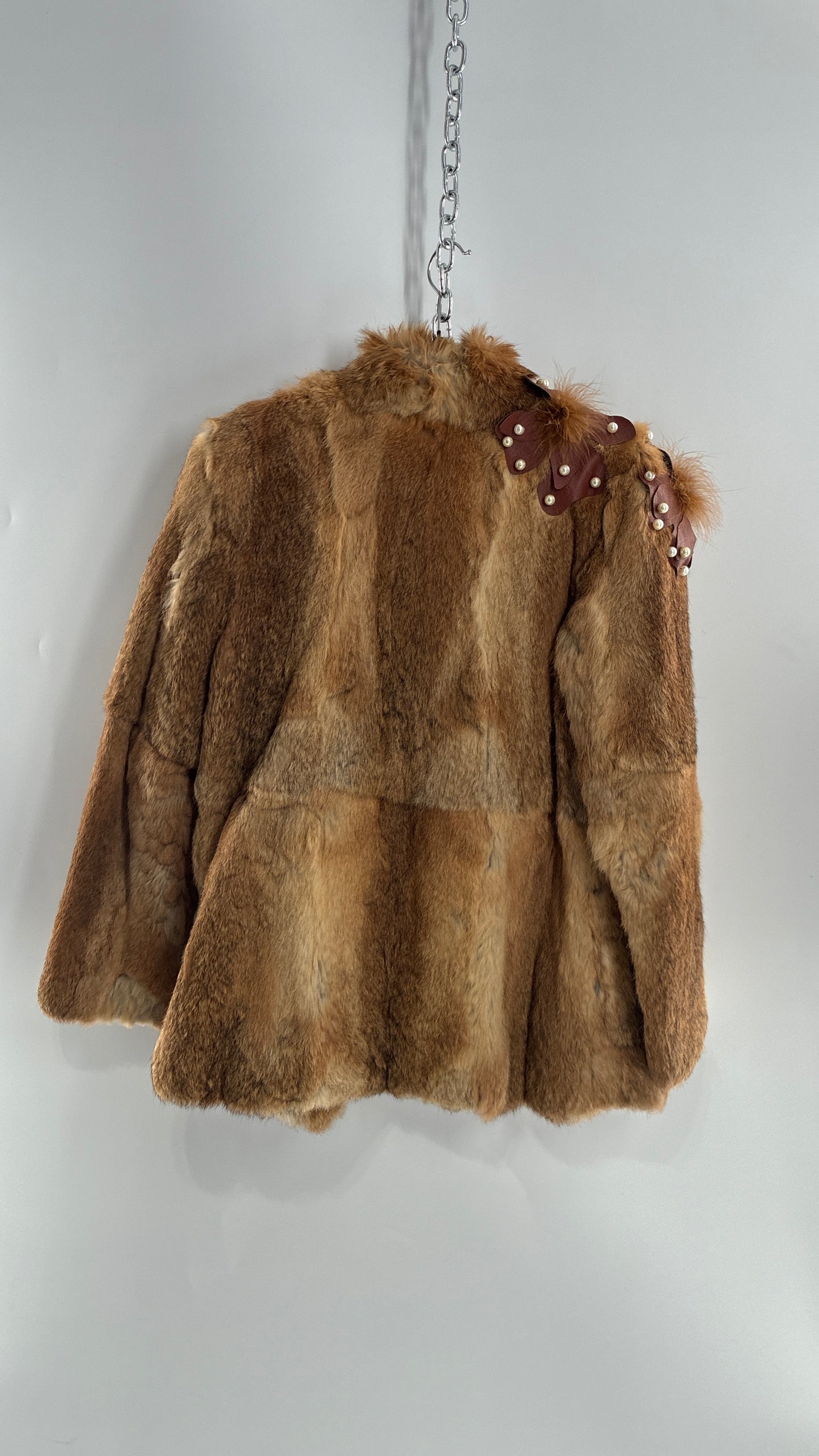 Vintage OPERA Montreal New York Genuine Fur Coat with Pearl Embellished Leather Flower Appliqués (Medium)