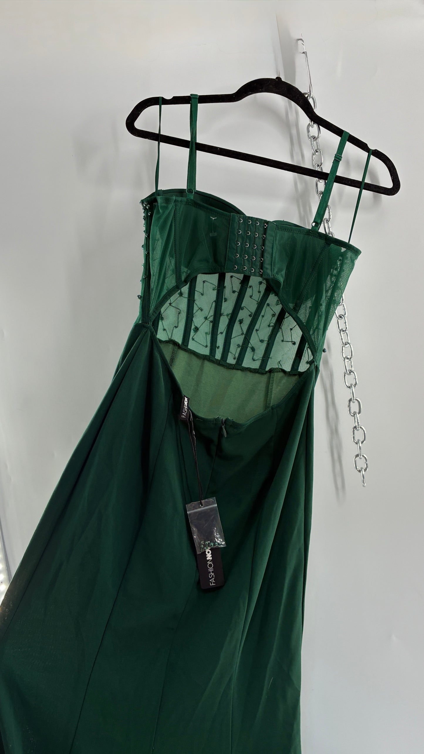 WINDSOR Green Backless Gown with Beaded Corset, Thigh Slit, and Tags Attached (Large)