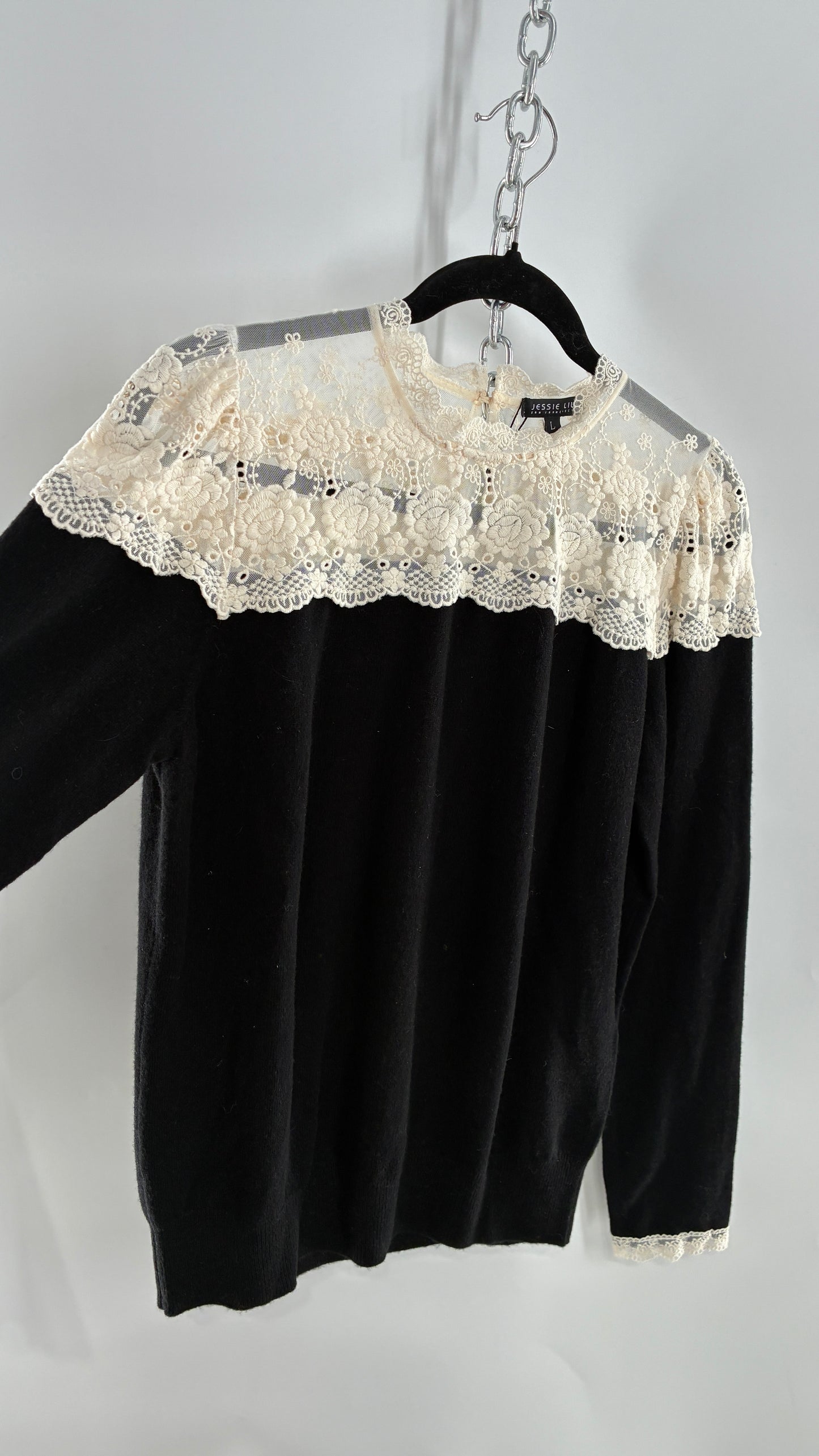 JESSIE LIU Amari Black 100% Merino Wool Sweater with Ivory Lace Neckline and Cuffs (Large)