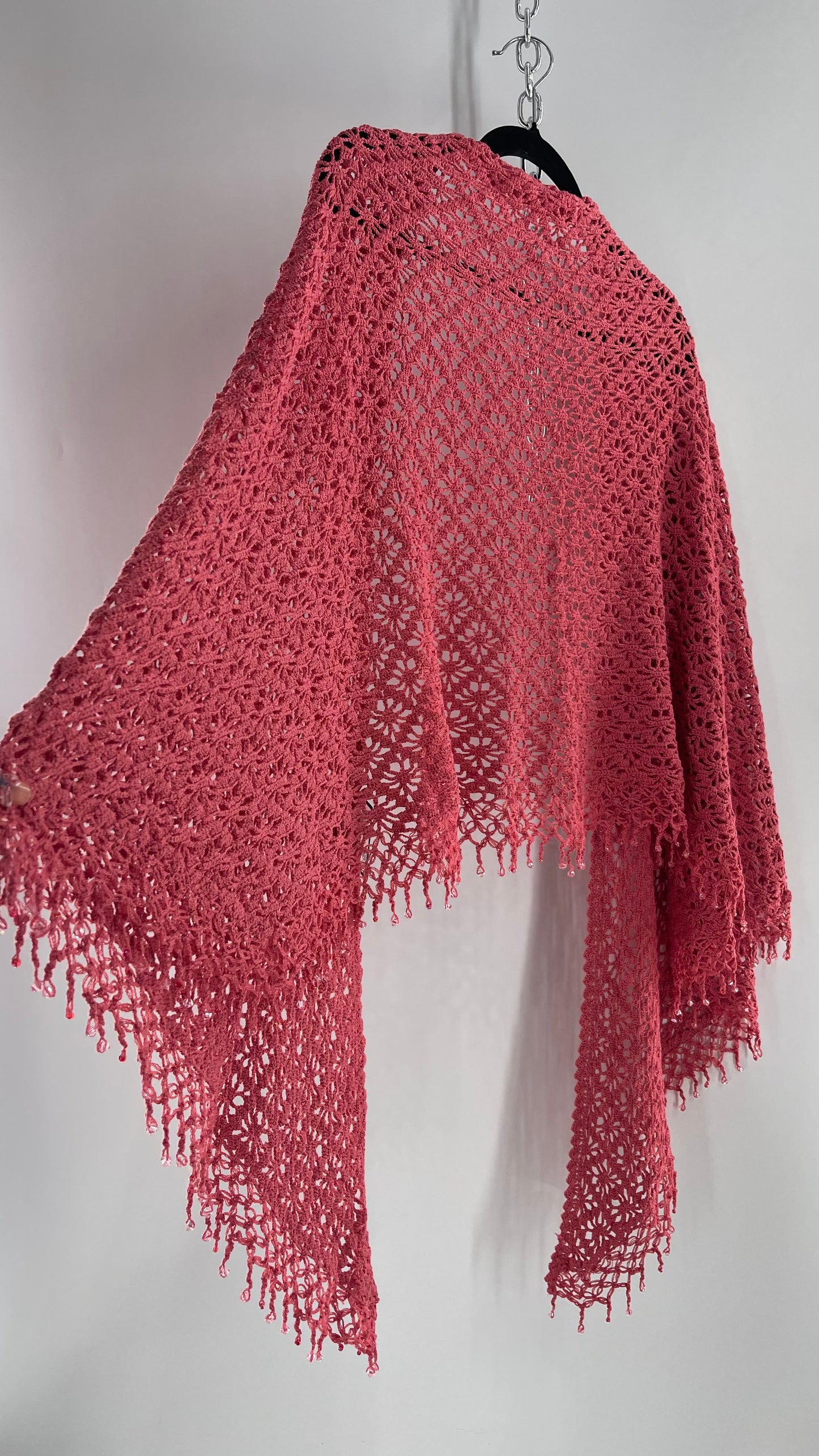 Vintage Hand Crochet Pink Shawl with Beaded Fringe Hem (One Size)