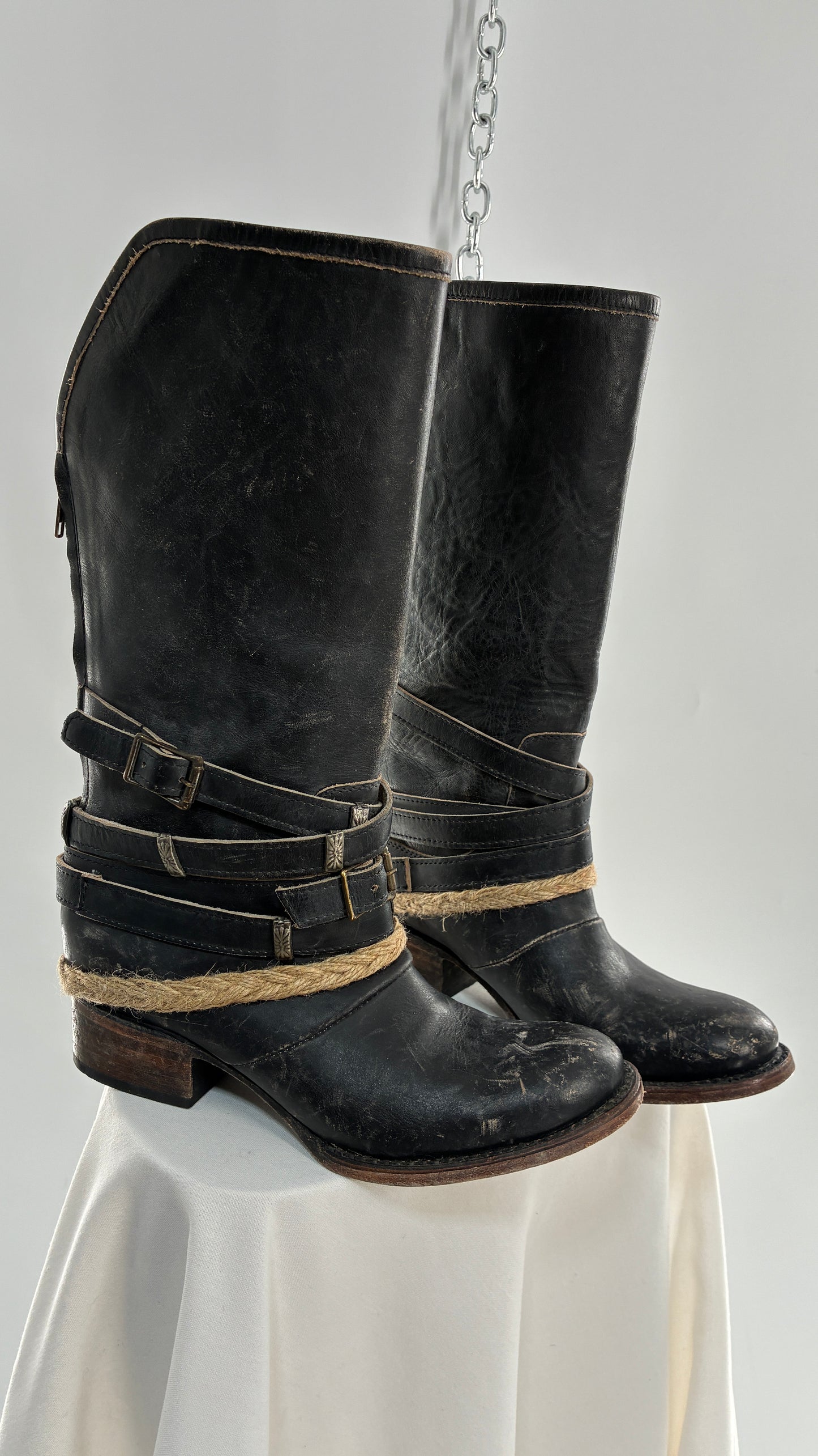 Vintage FREEBIRD Drove Distressed Black Leather Boot with Buckle Detailing (8)
