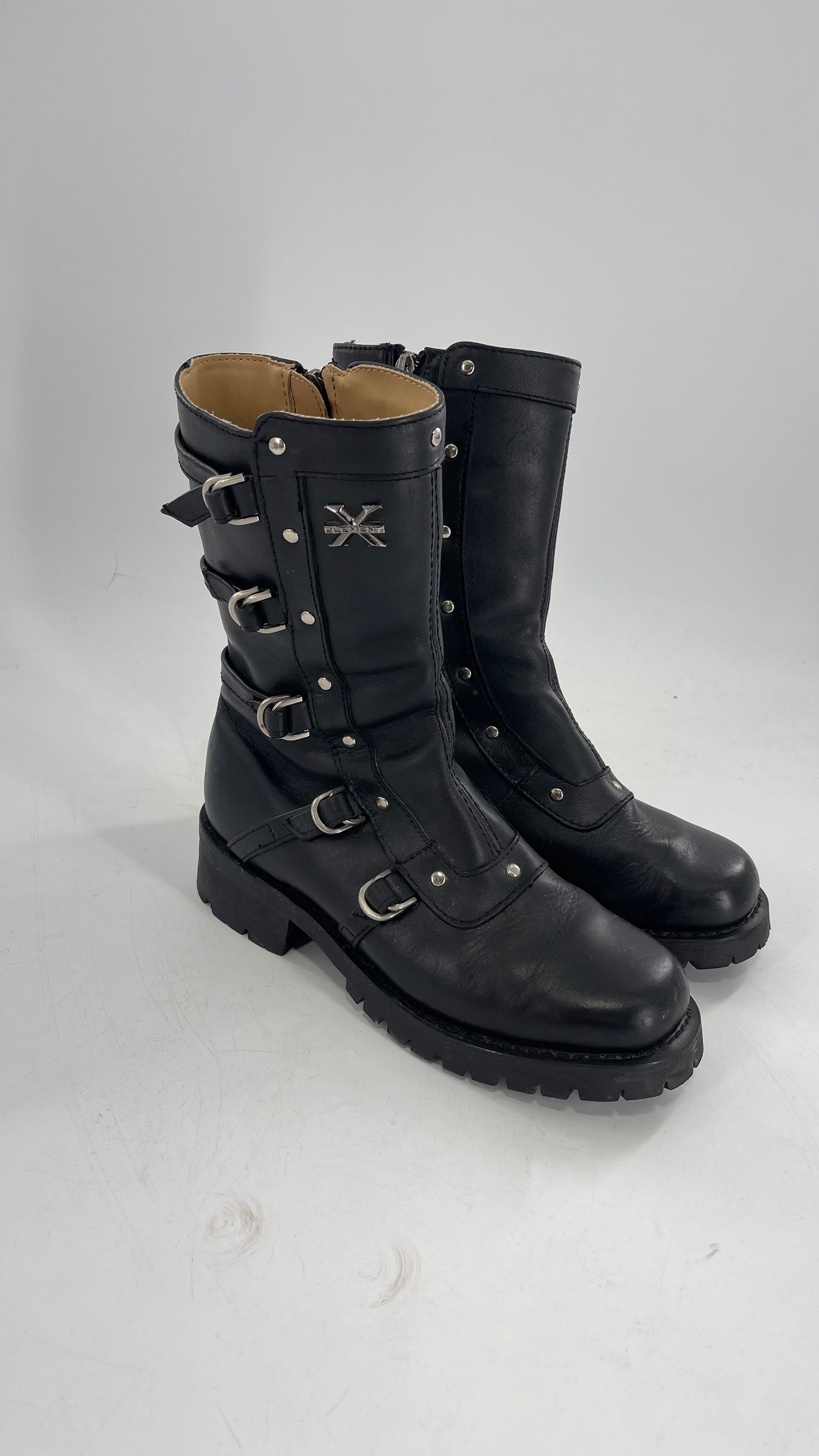 Vintage 1990s XELEMENT Buckle Side Genuine Leather Steam Punk Boots (Women’s 8.5)