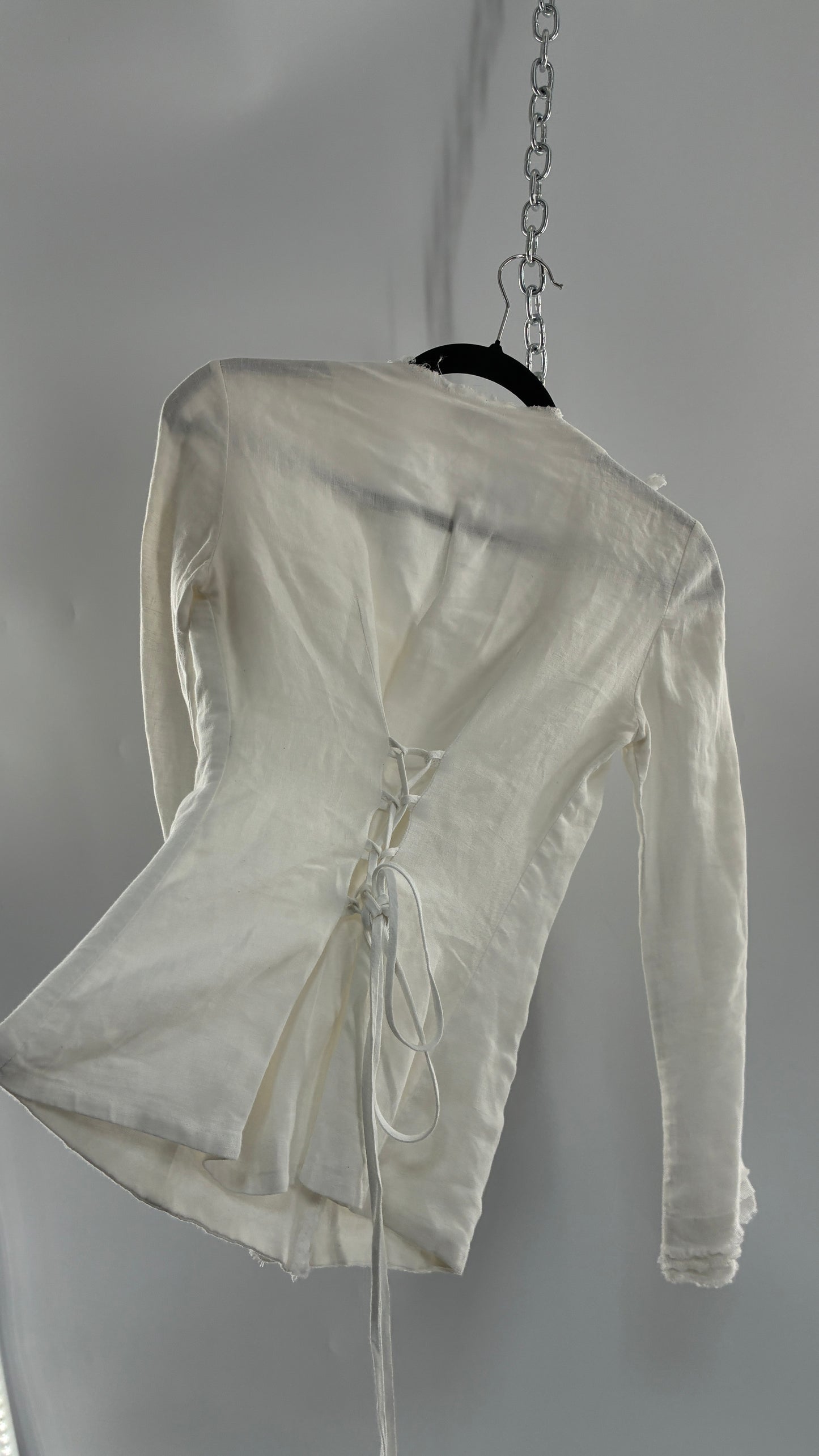Vintage ANNE FONTAINE Off White Linen Woven Button Up Blouse with Back Corseting, Pearlescent Shell Buttons, and Rosette Details (36)