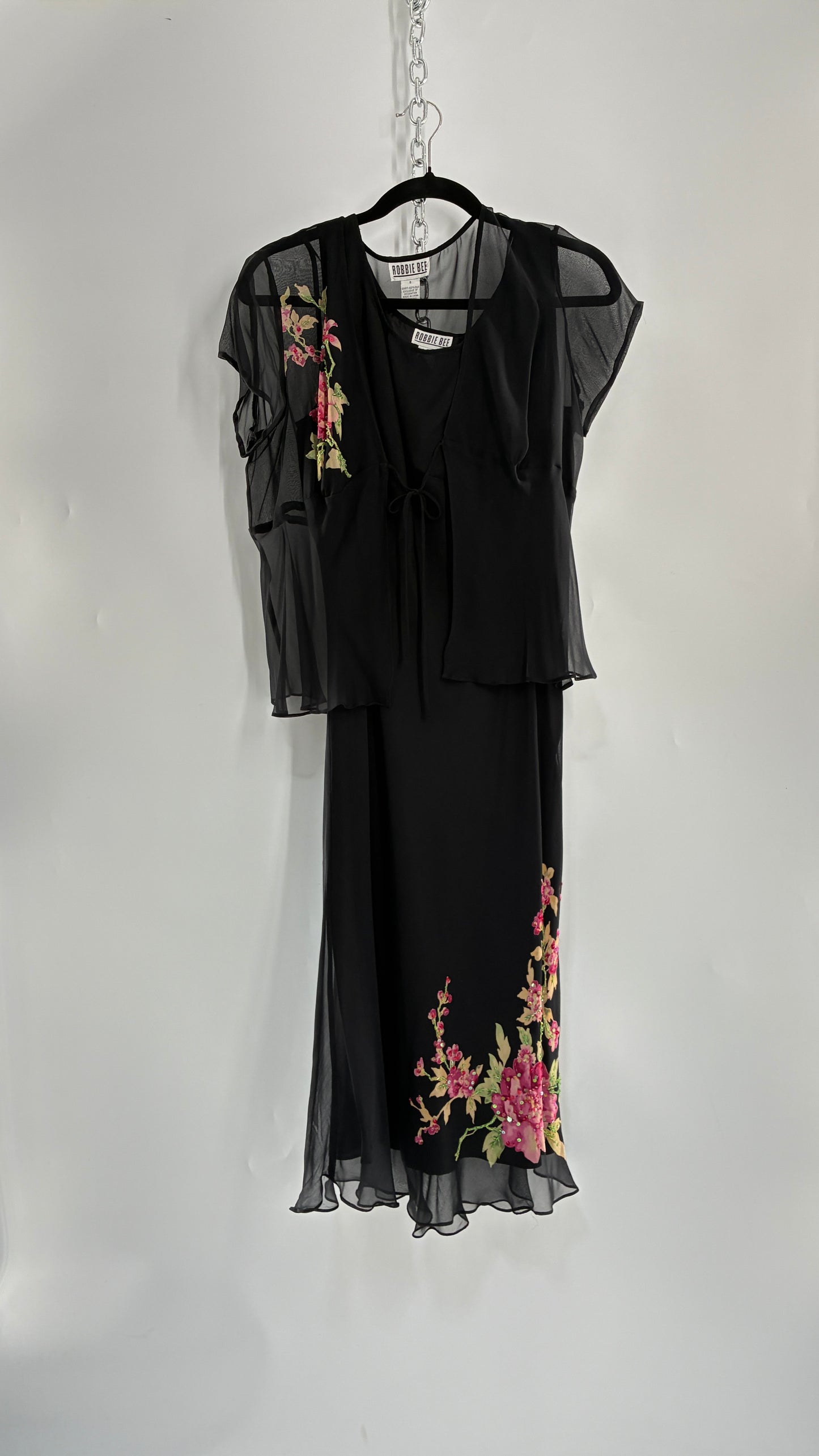 Vintage 1990s ROBBIE BEE 100% Silk Black Gown with Underbust Stitch and Matching Tie Bust Blouse (8)
