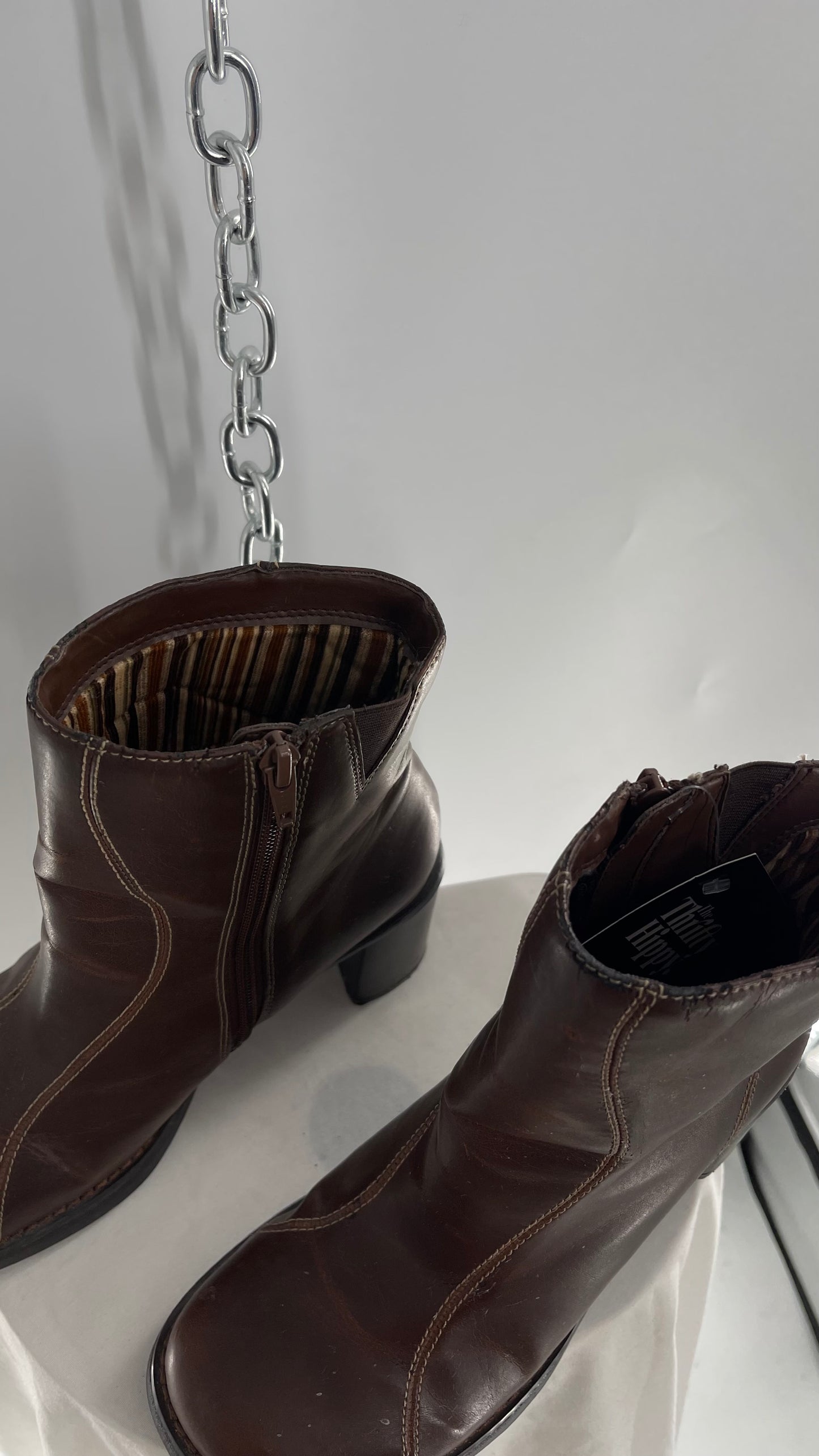 Vintage Lower East Side Brown Leather Wavy Stitch Round Toe Booties with Chunky Heel  (8.5)