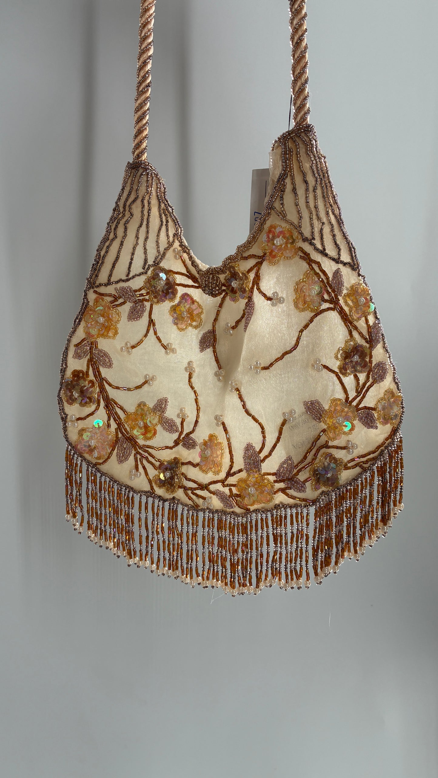 Vintage Deadstock Beige Beaded Fringe Purse with Embroidered Beaded Florals