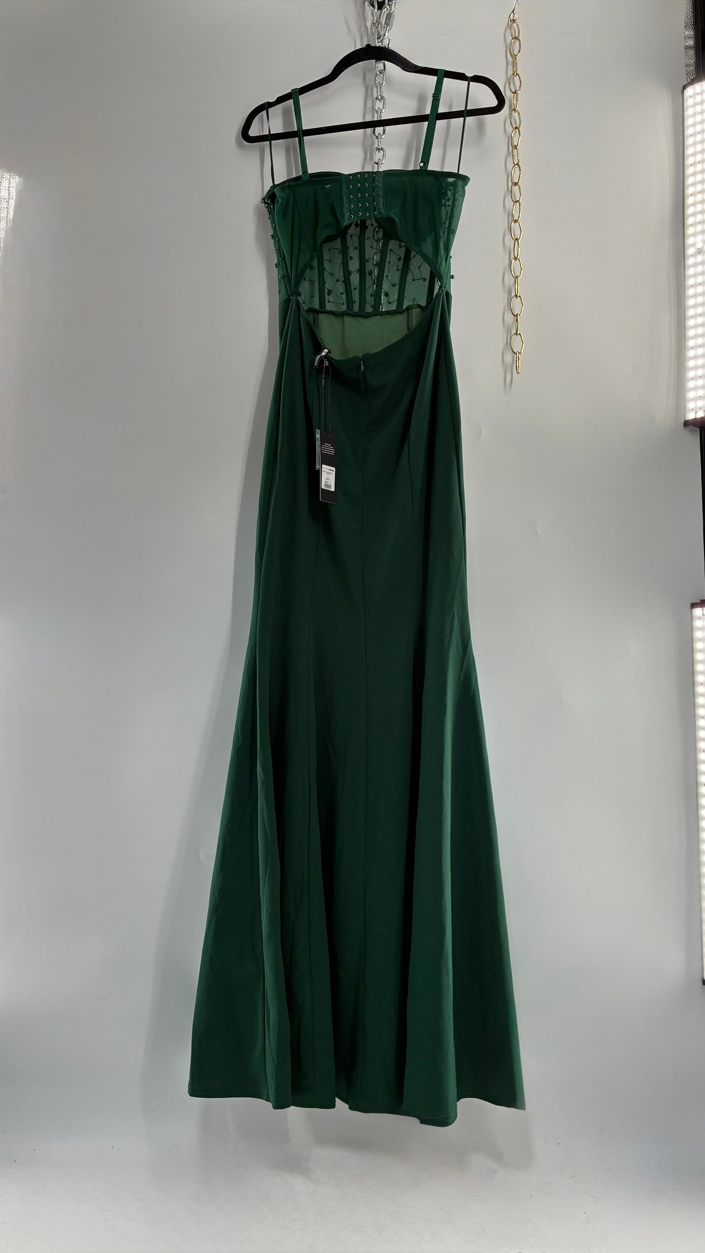 WINDSOR Green Backless Gown with Beaded Corset, Thigh Slit, and Tags Attached (Large)