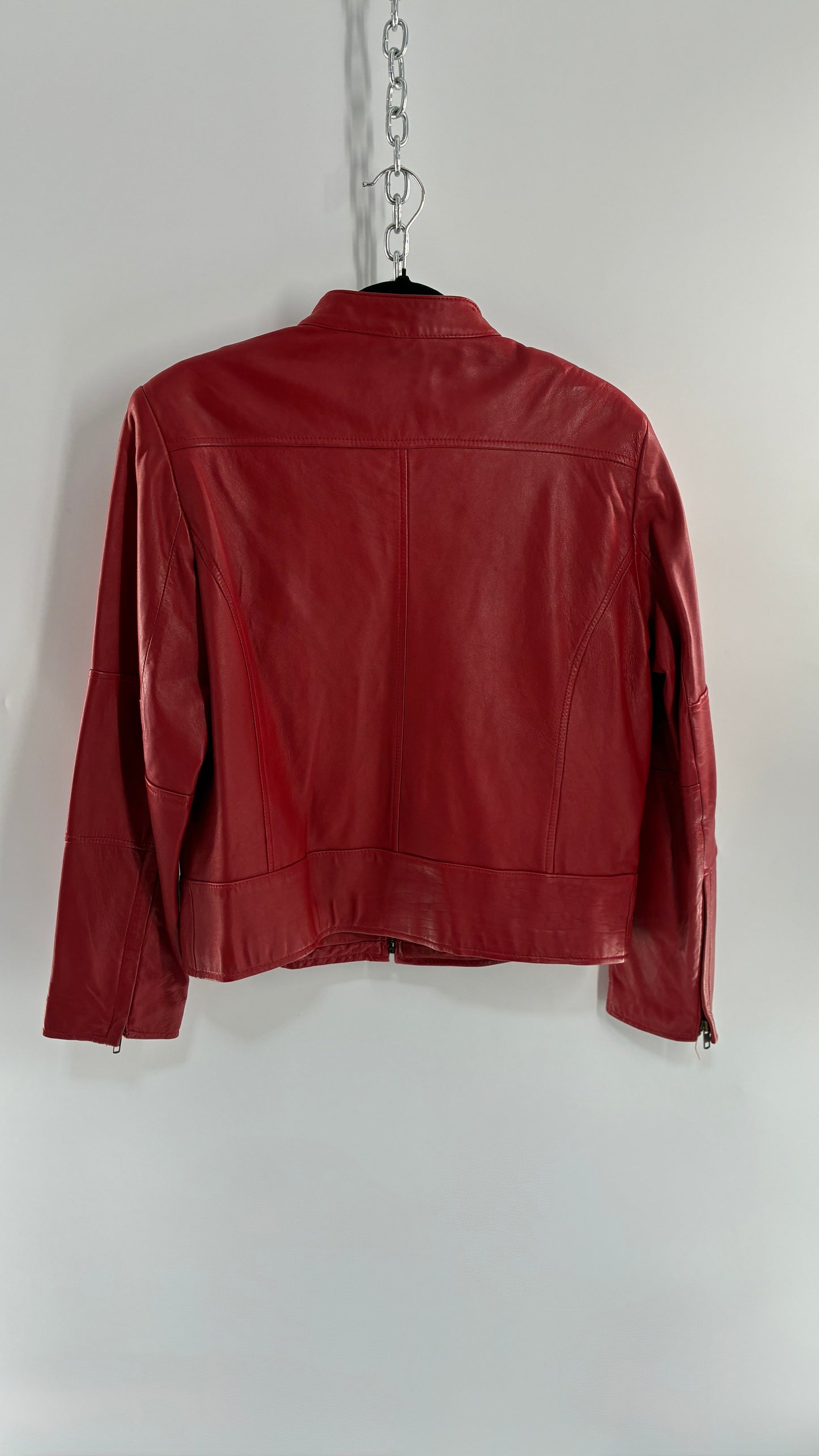 KATHY IRELAND Lamb Leather Red Motorcycle Neck Strap Jacket (Medium)