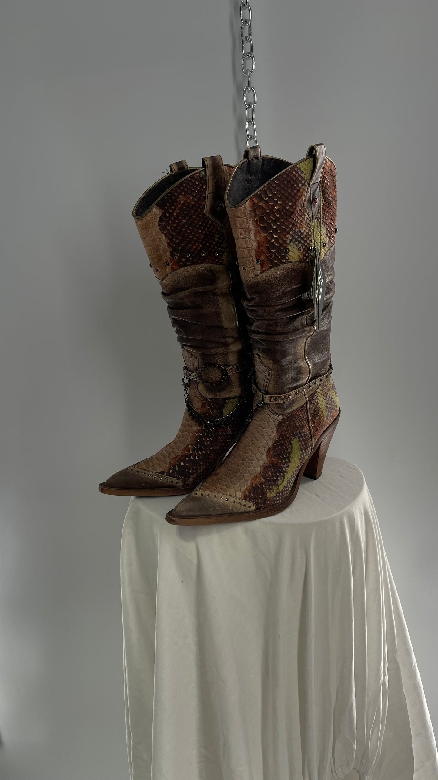 Vintage Steve Madden Stacked/Ruched Pointed Toe Cowboys with Snake Texture, Brown/Green/Orange with Chains and Studs (8)