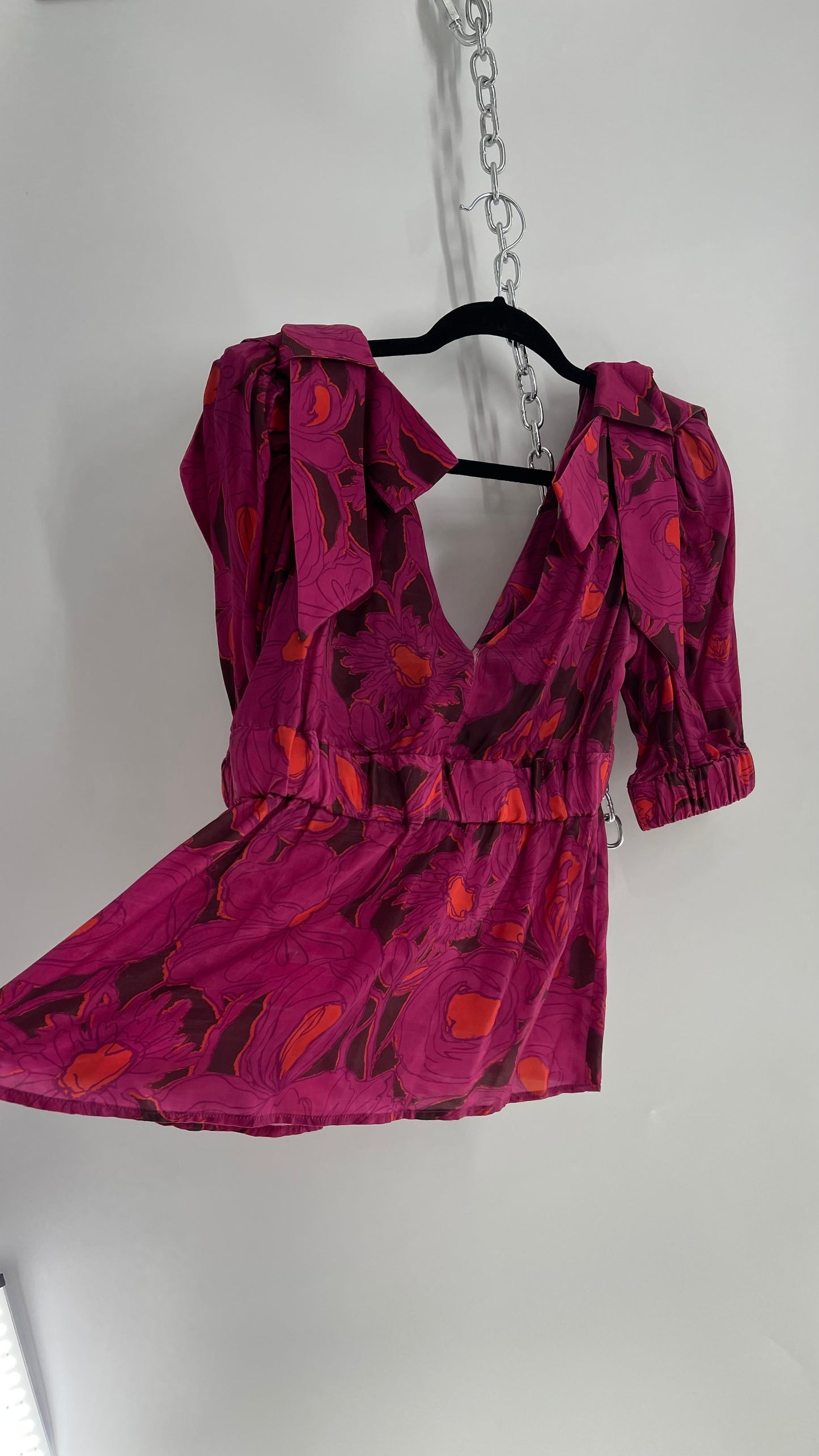 Hope for Flowers Tracy Reese Silky Bow Shoulder Fuchsia Hot Pink Floral Top (4)