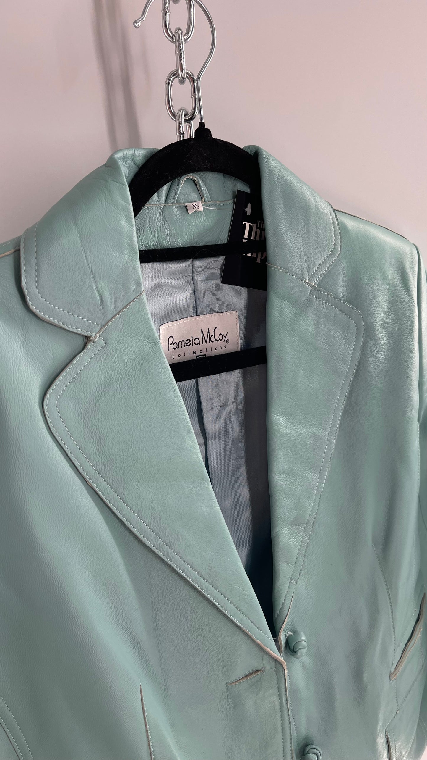 Vintage 1990s Pamela McCoy Eggshell/Tiffany Blue Leather Blazer Jacket (XS)