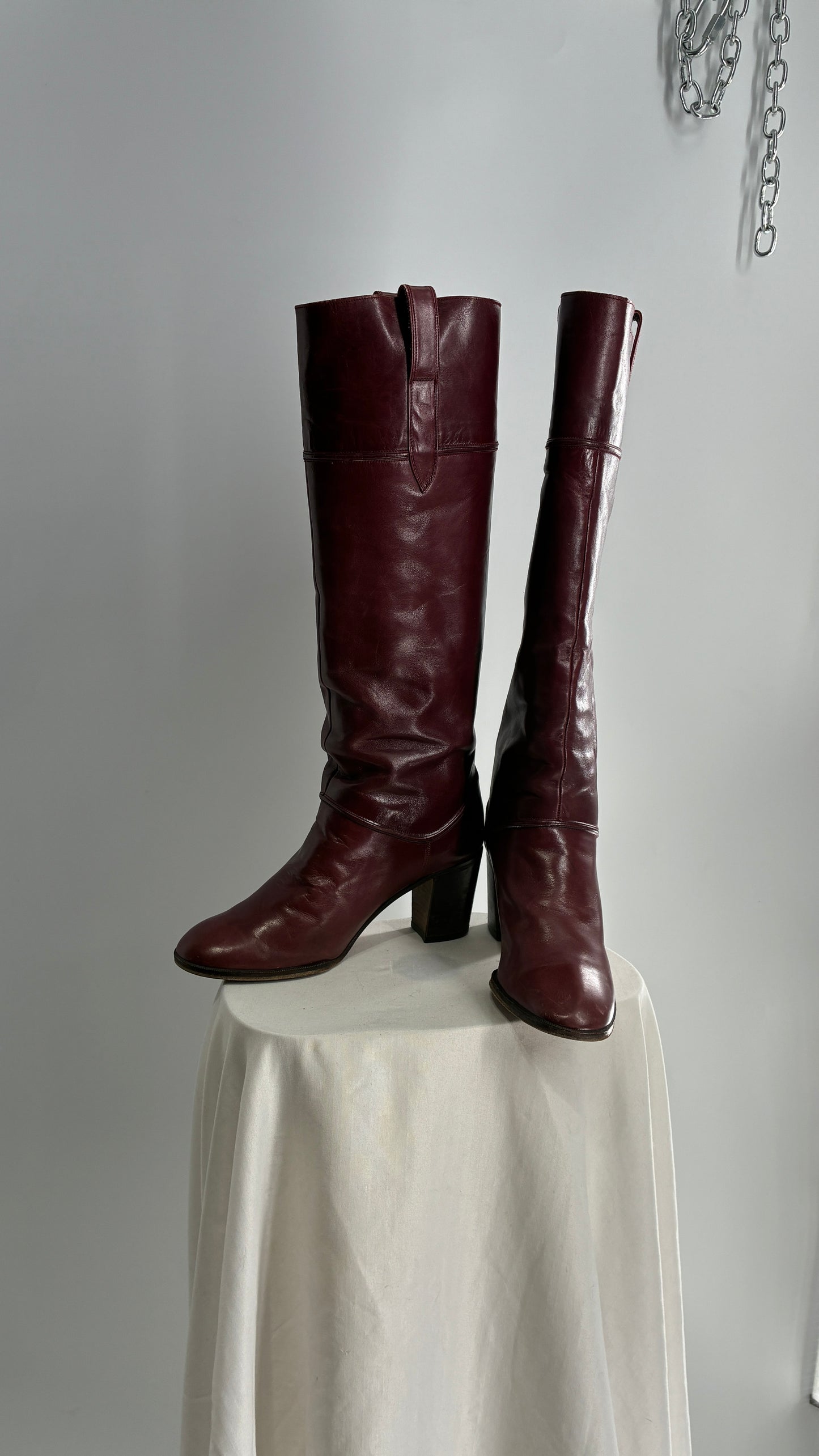 Vintage Red Leather Round Toe Knee High Boots Made in Spain Boots (38)
