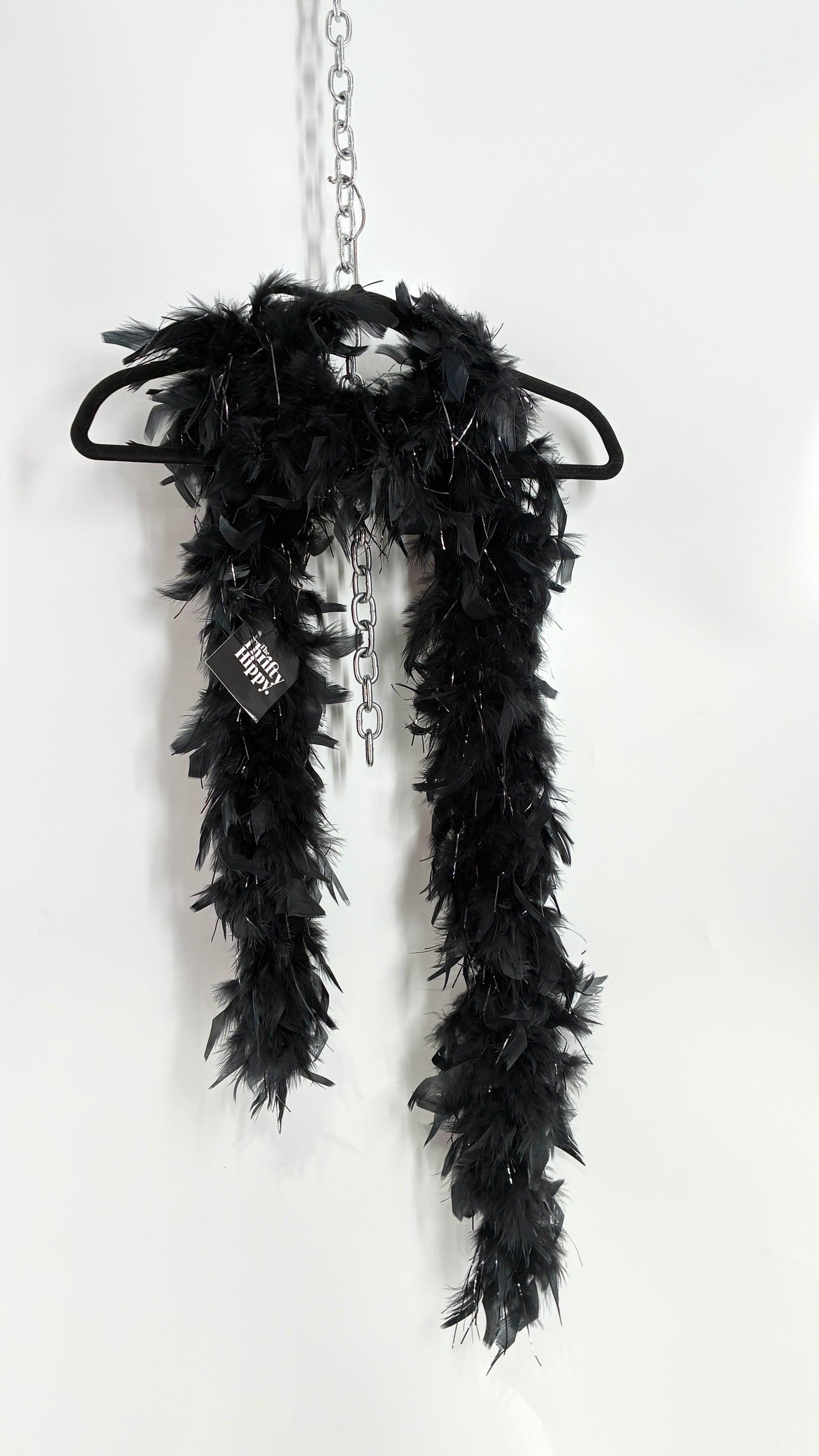 Vintage Black Ostrich Feather Scarf with Silver Tinsel
